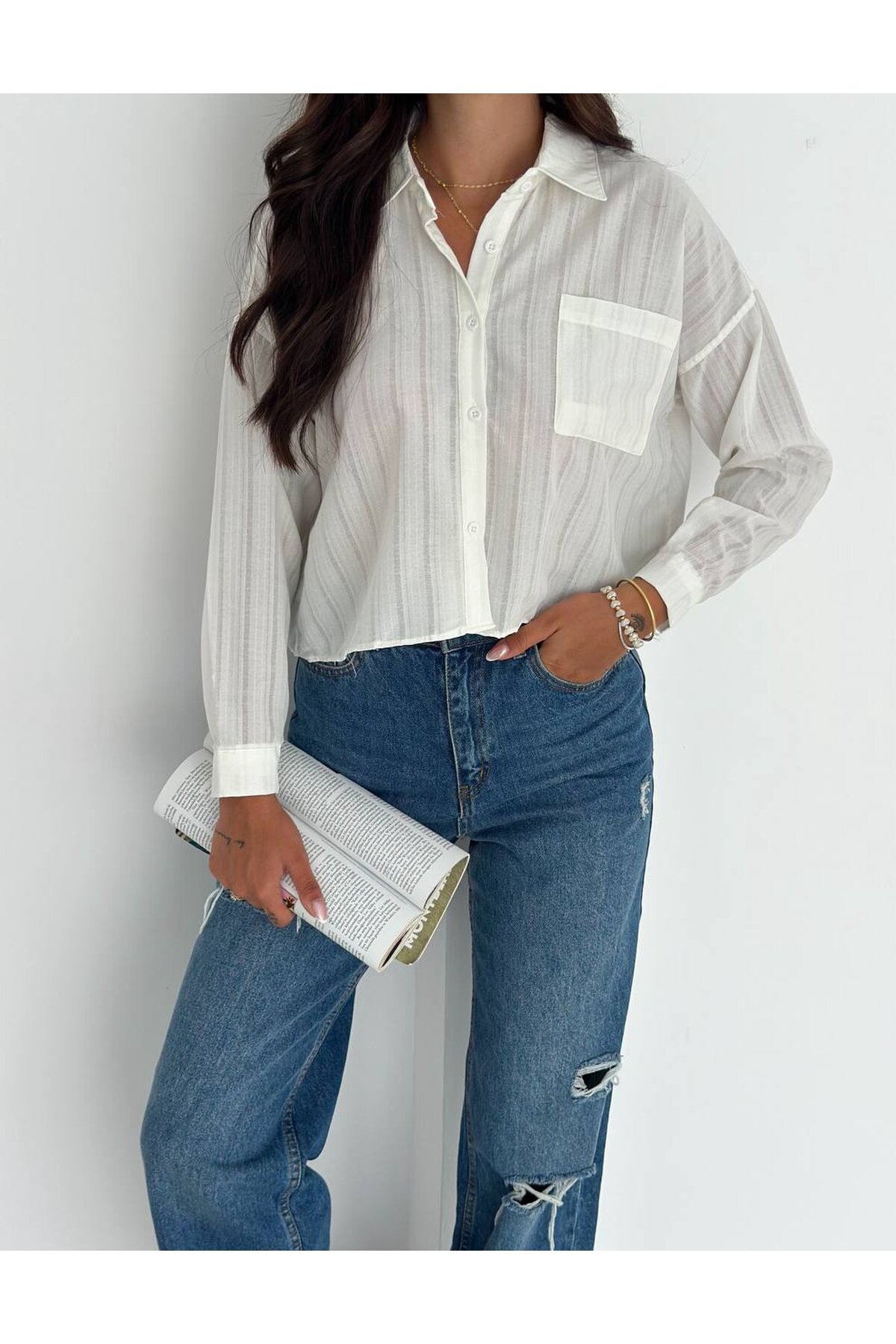 Kadın Beyaz Çizgili Salaş Gömlek
