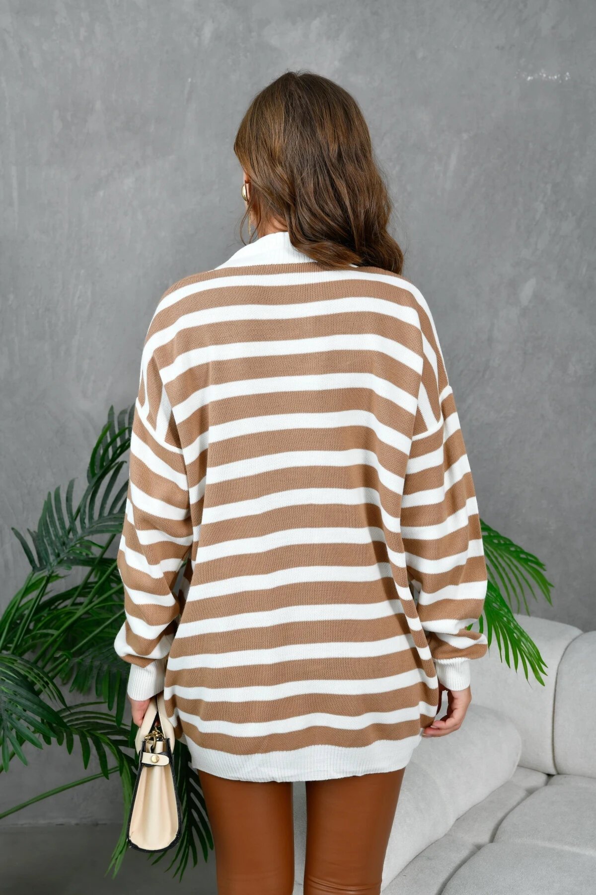 Kadın Bilek Etek Ve Banları Fitilli Çizgi desenli Triko Hırka