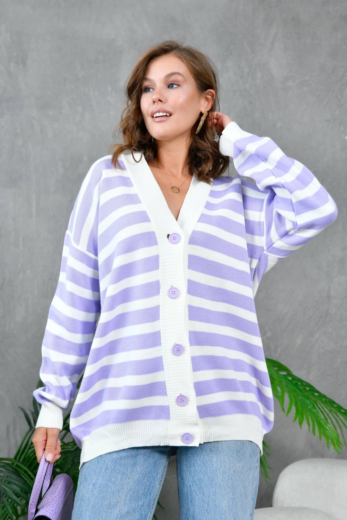 Kadın Bilek Etek Ve Banları Fitilli Çizgi desenli Triko Hırka