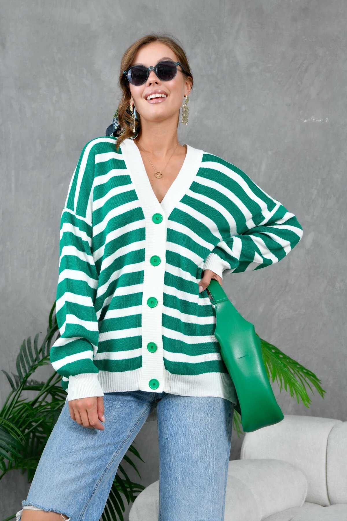 Kadın Bilek Etek Ve Banları Fitilli Çizgi desenli Triko Hırka