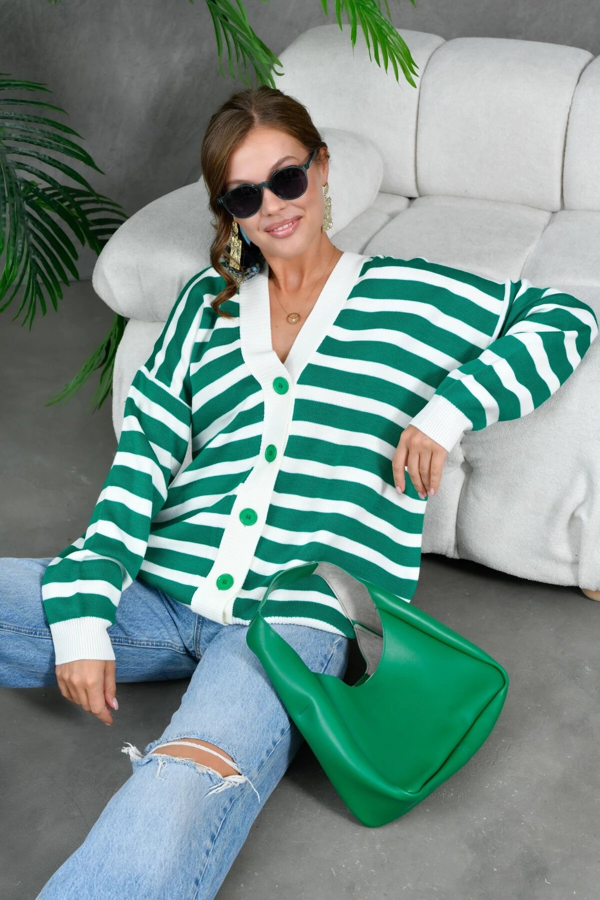 Kadın Bilek Etek Ve Banları Fitilli Çizgi desenli Triko Hırka