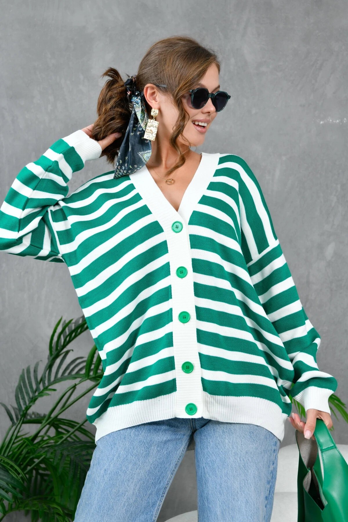 Kadın Bilek Etek Ve Banları Fitilli Çizgi desenli Triko Hırka