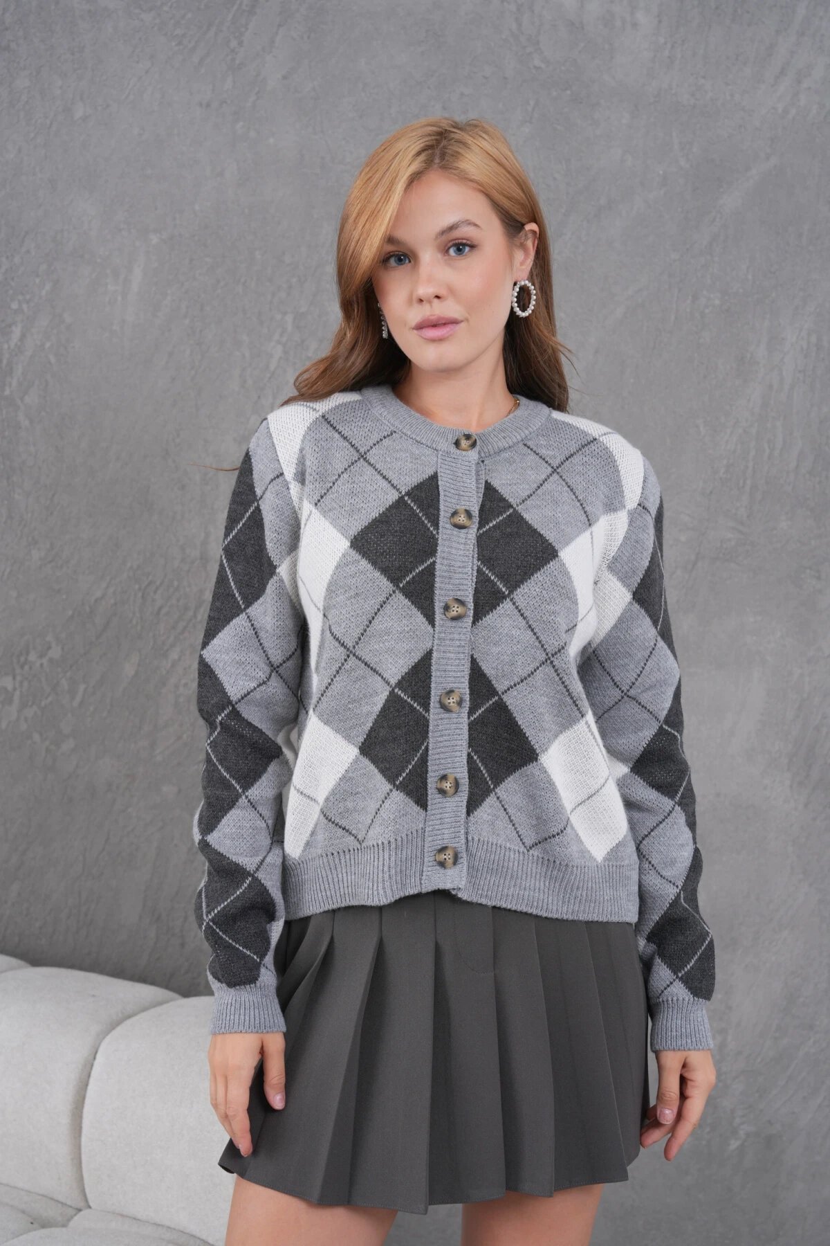 Kadın Bisiklet Yaka Baklava Desenli Düğme Kapama Triko Hırka Ceket