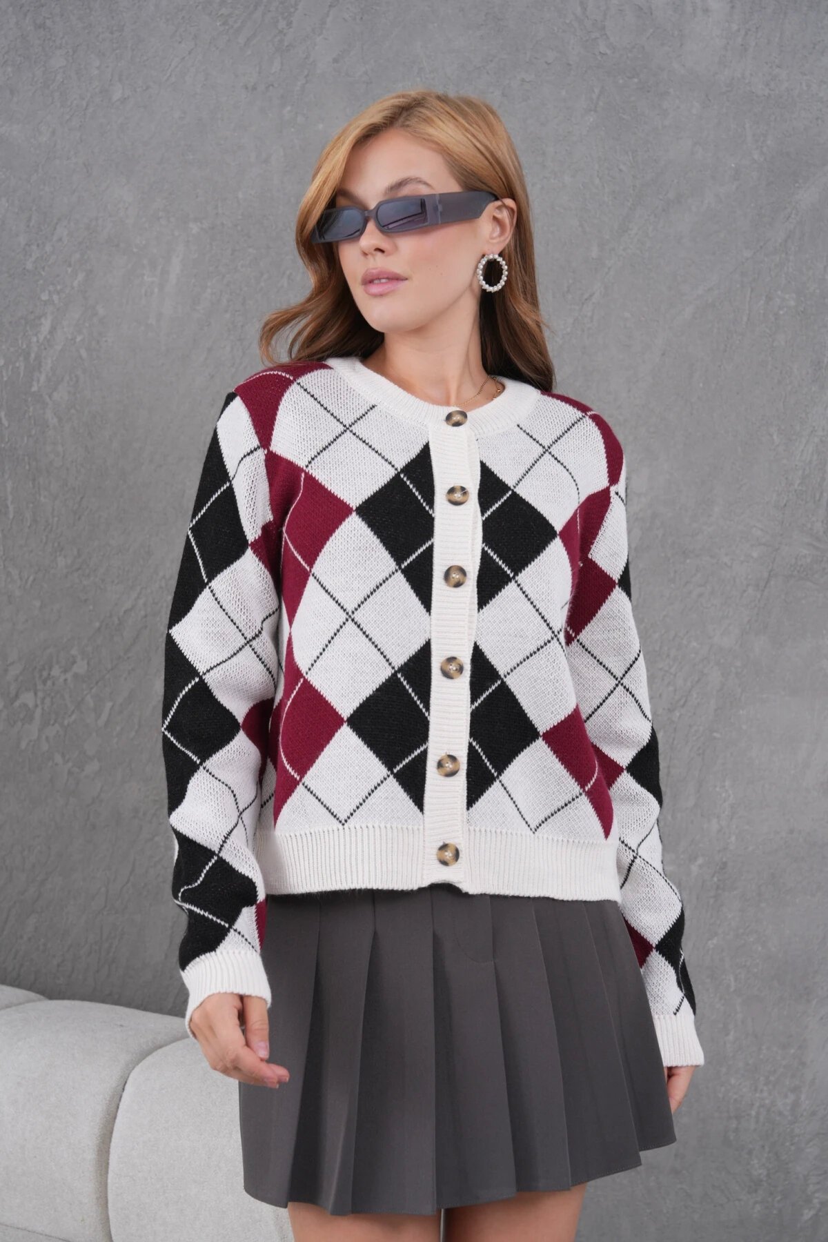 Kadın Bisiklet Yaka Baklava Desenli Düğme Kapama Triko Hırka Ceket