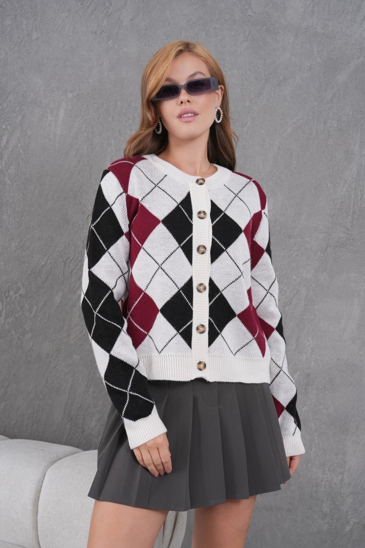 Kadın Bisiklet Yaka Baklava Desenli Düğme Kapama Triko Hırka Ceket