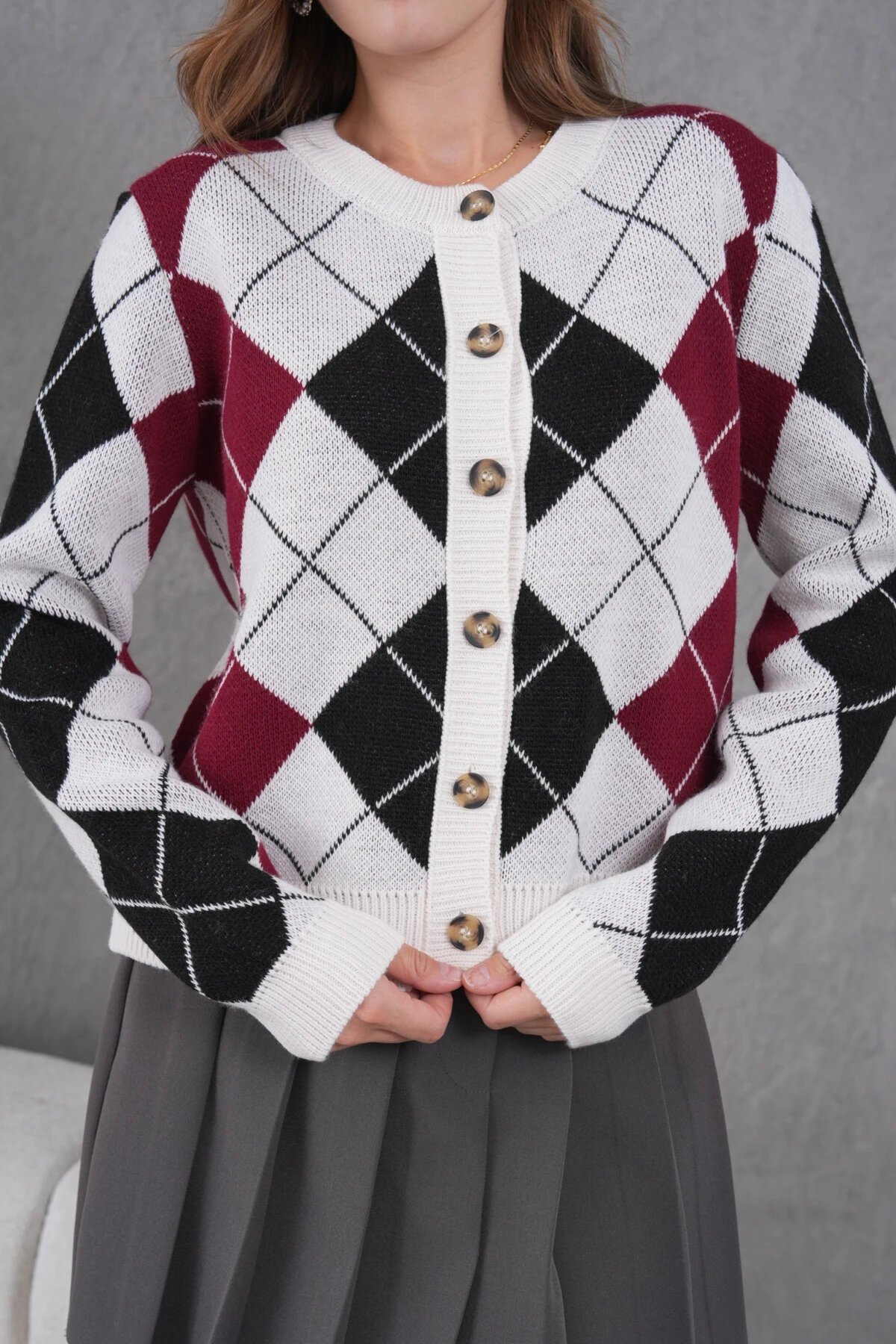 Kadın Bisiklet Yaka Baklava Desenli Düğme Kapama Triko Hırka Ceket