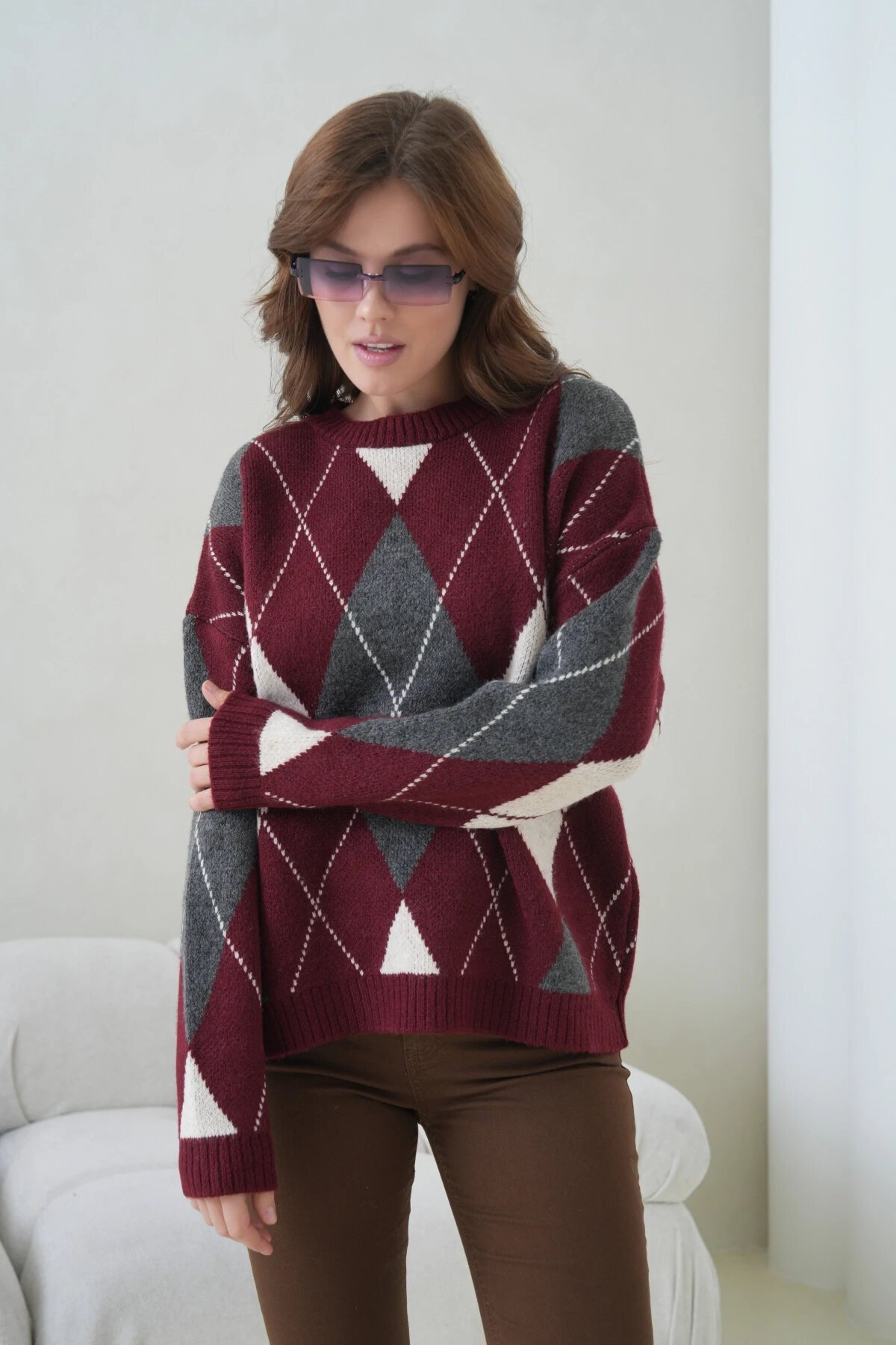 Kadın Bisiklet Yaka Baklava Desenli Triko Kazak