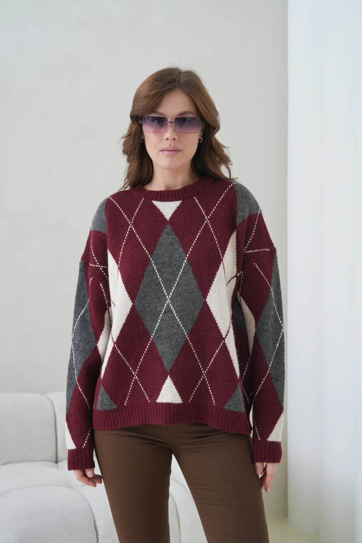 Kadın Bisiklet Yaka Baklava Desenli Triko Kazak