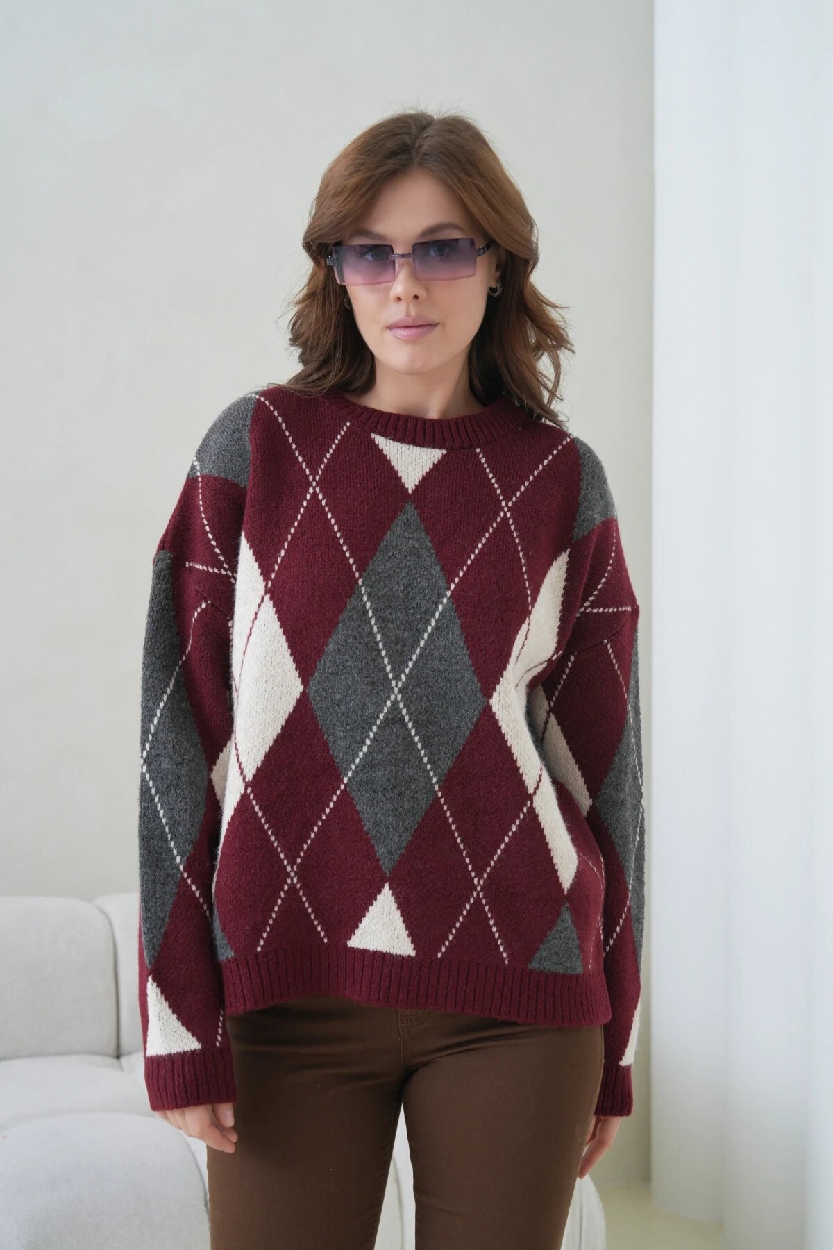 Kadın Bisiklet Yaka Baklava Desenli Triko Kazak