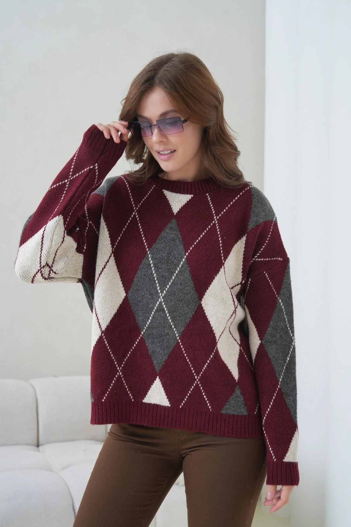 Kadın Bisiklet Yaka Baklava Desenli Triko Kazak