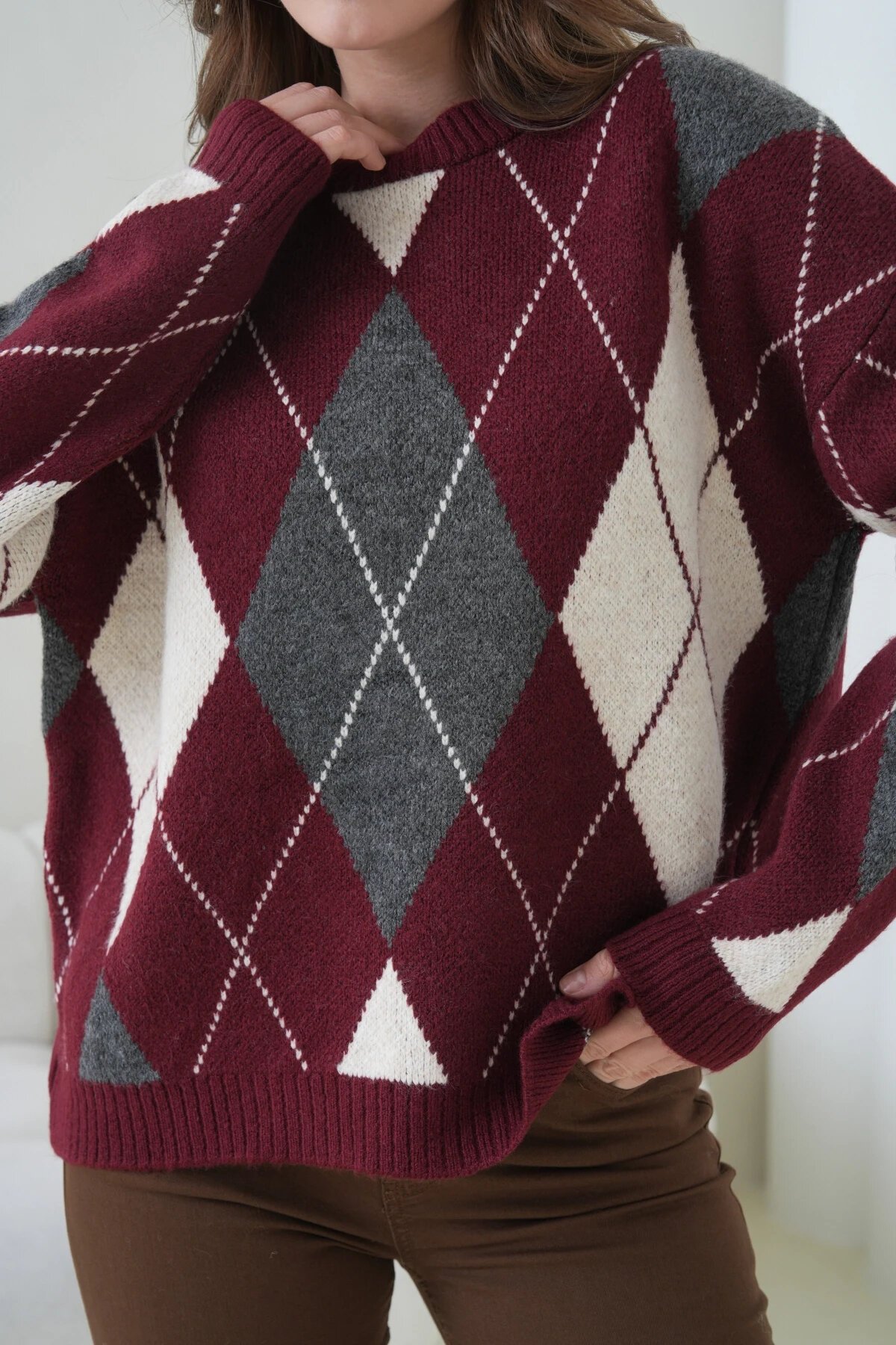 Kadın Bisiklet Yaka Baklava Desenli Triko Kazak