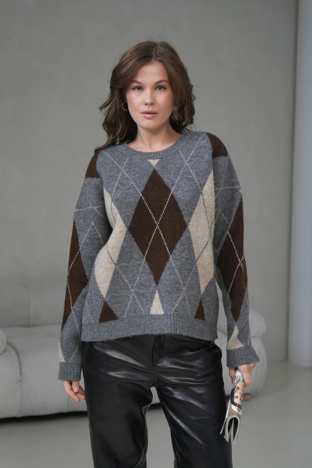 Kadın Bisiklet Yaka Baklava Desenli Triko Kazak