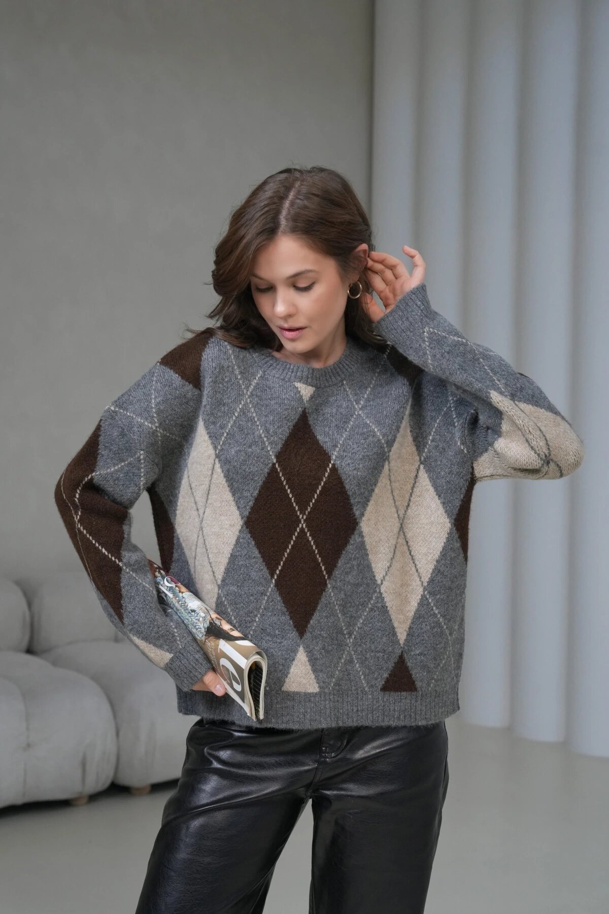 Kadın Bisiklet Yaka Baklava Desenli Triko Kazak