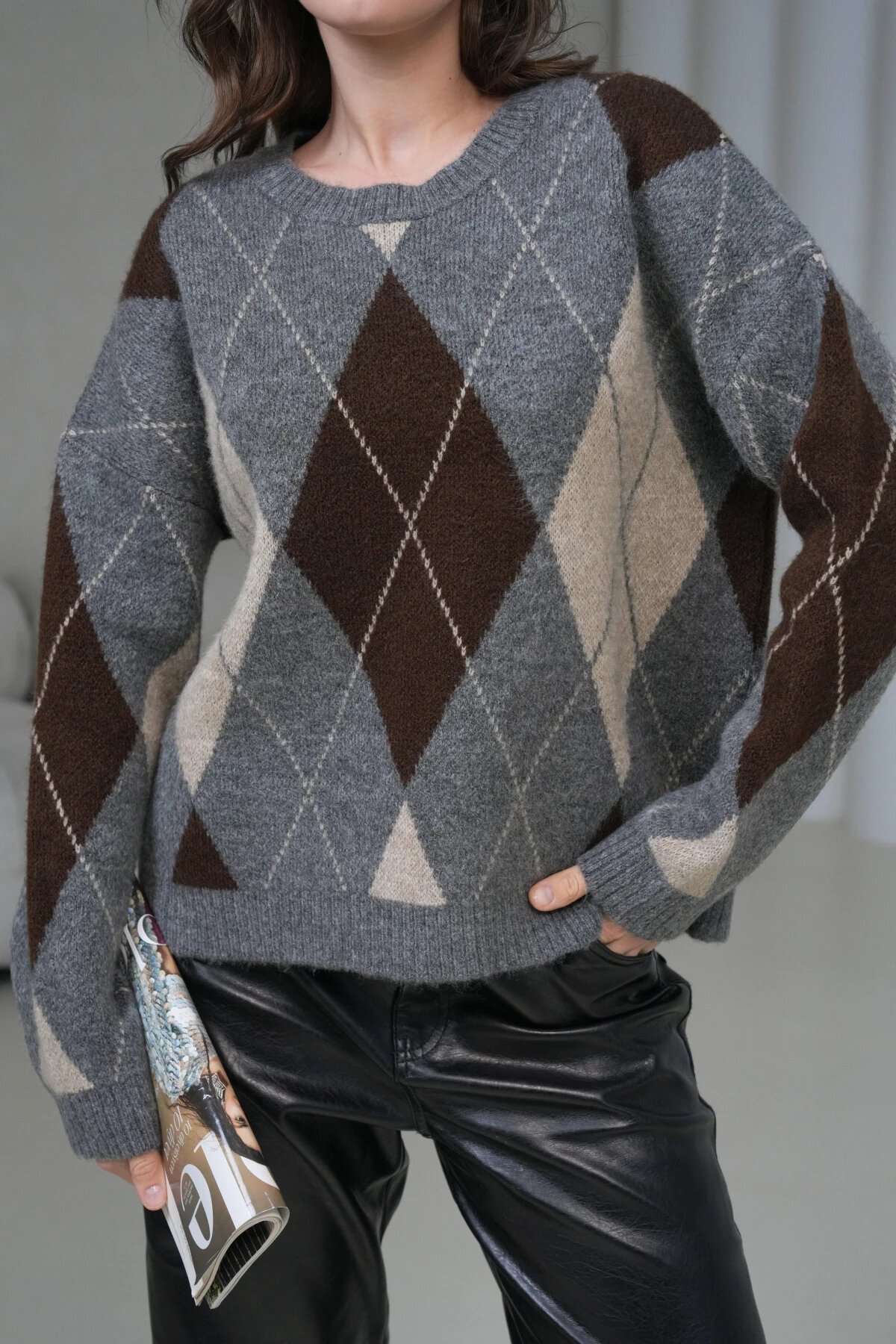 Kadın Bisiklet Yaka Baklava Desenli Triko Kazak