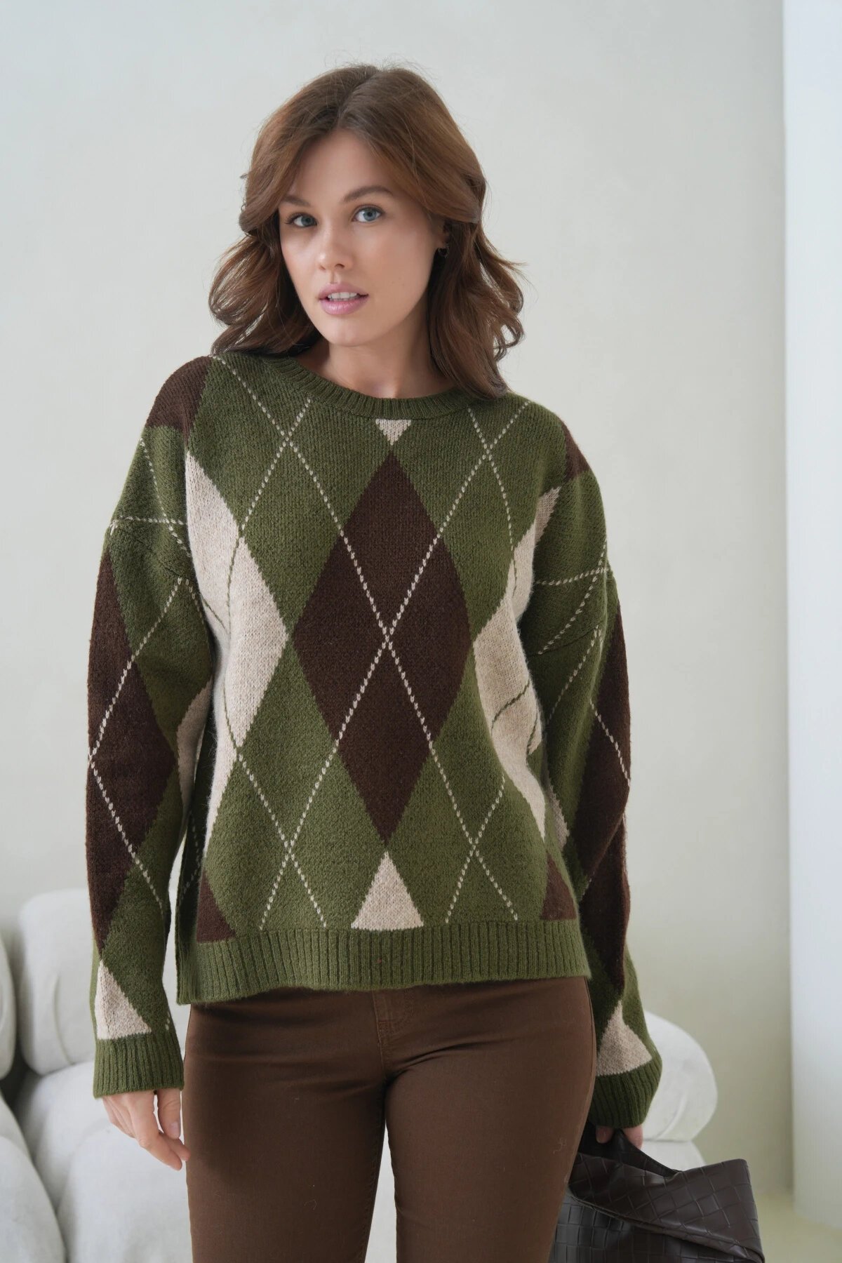 Kadın Bisiklet Yaka Baklava Desenli Triko Kazak