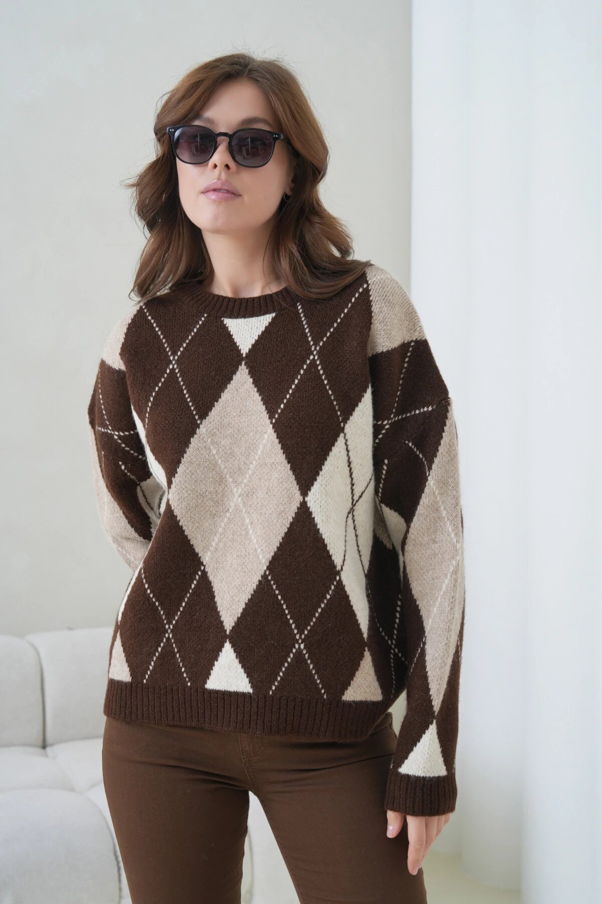 Kadın Bisiklet Yaka Baklava Desenli Triko Kazak