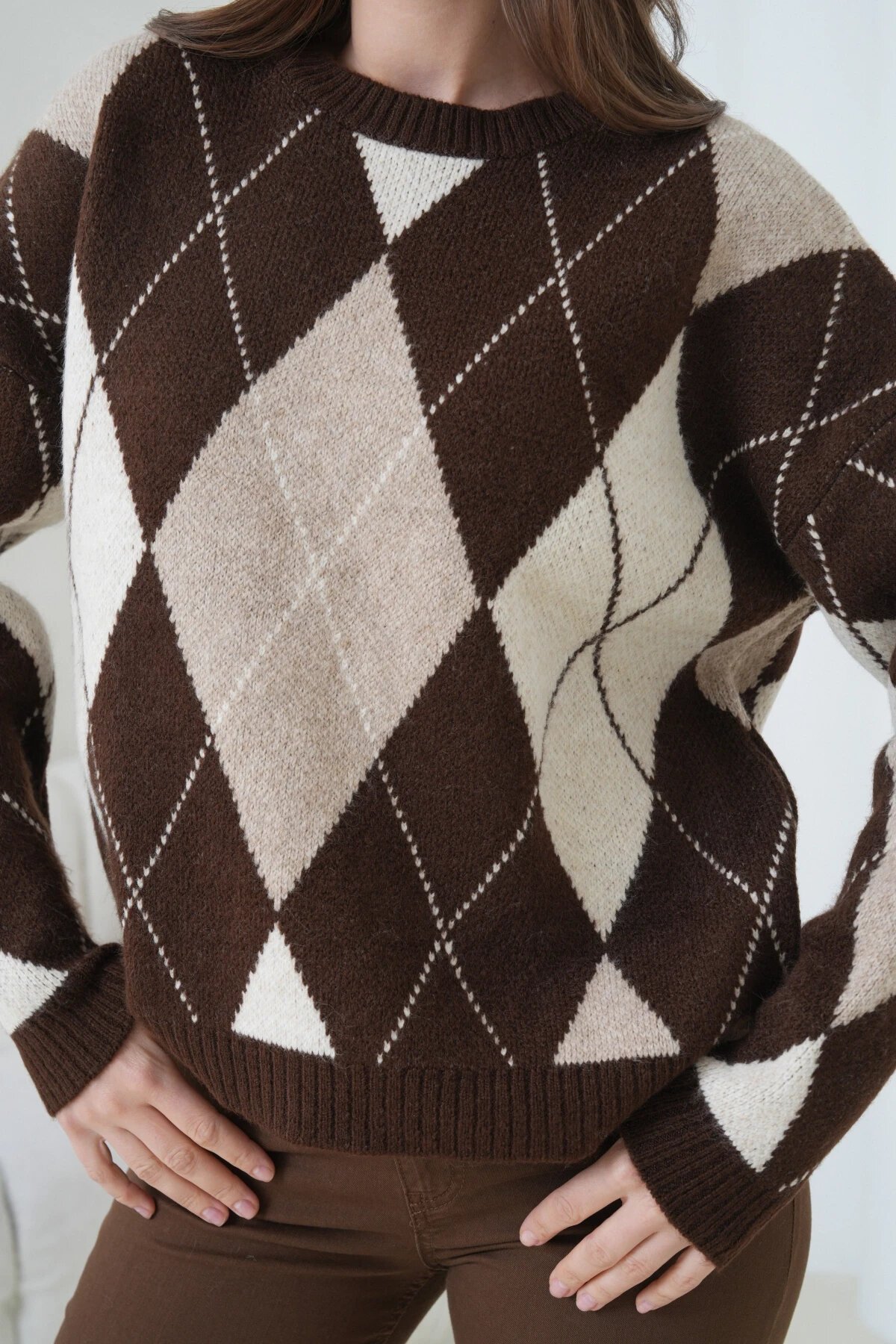 Kadın Bisiklet Yaka Baklava Desenli Triko Kazak