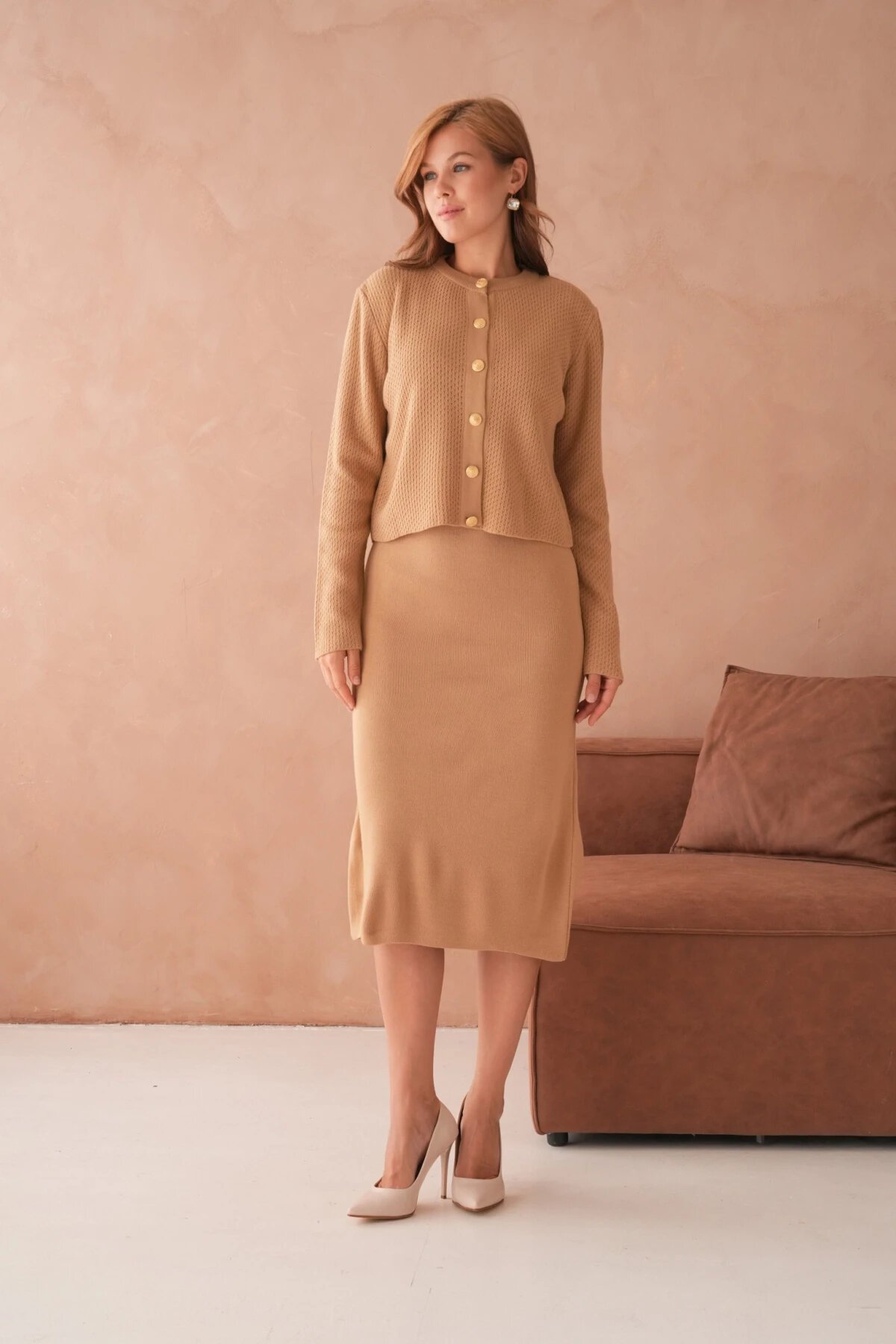 Kadın Bisiklet Yaka Düğme Detay Dokulu Ceket Elbise İkili Triko Takım