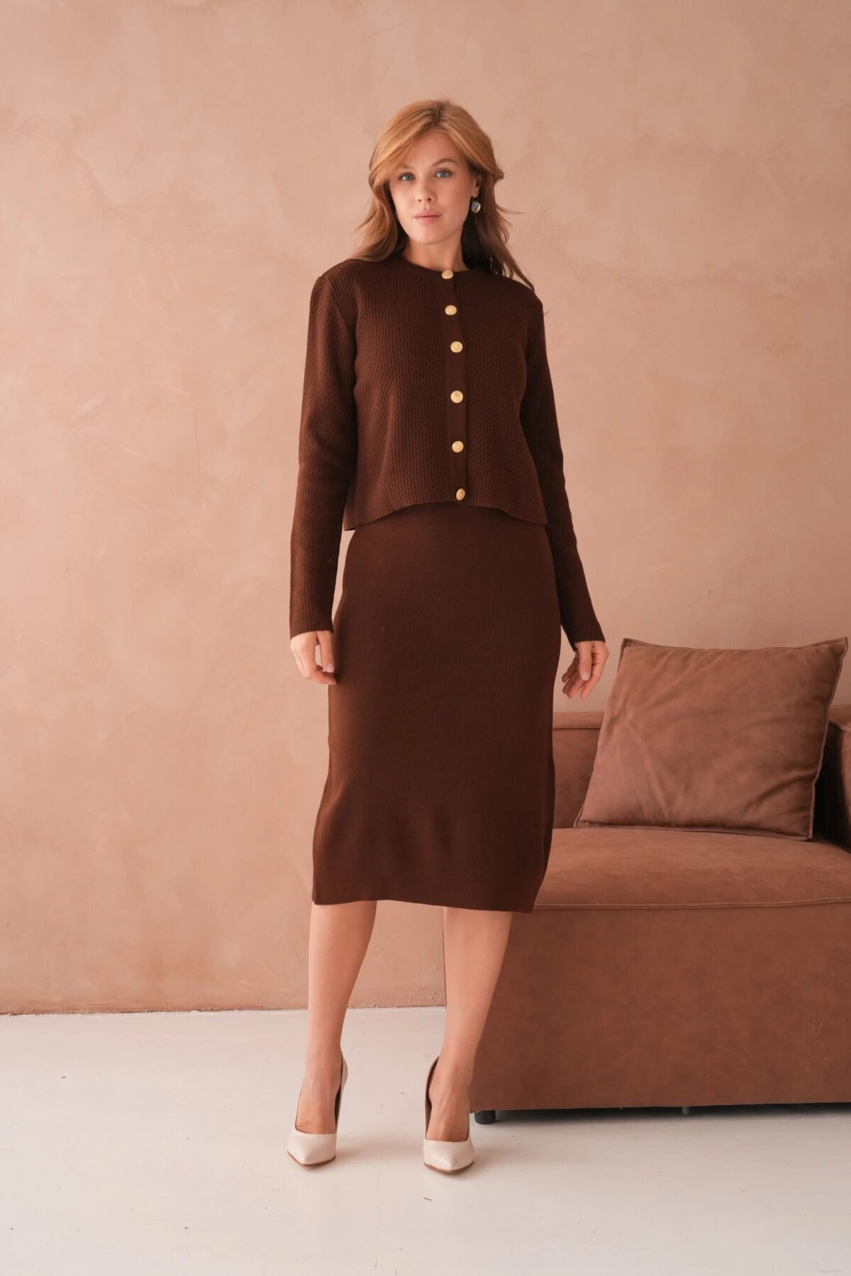 Kadın Bisiklet Yaka Düğme Detay Dokulu Ceket Elbise İkili Triko Takım