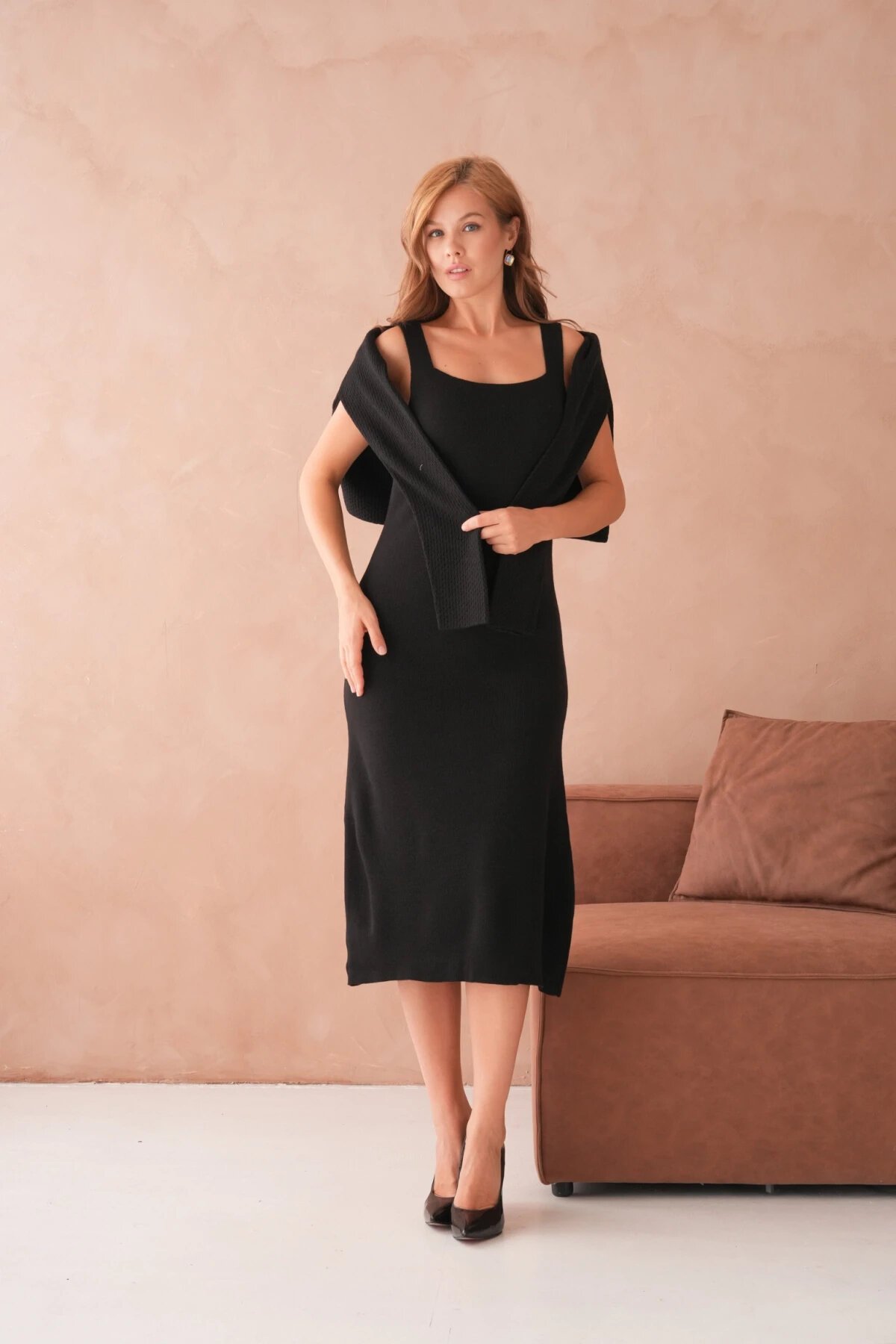 Kadın Bisiklet Yaka Düğme Detay Dokulu Ceket Elbise İkili Triko Takım