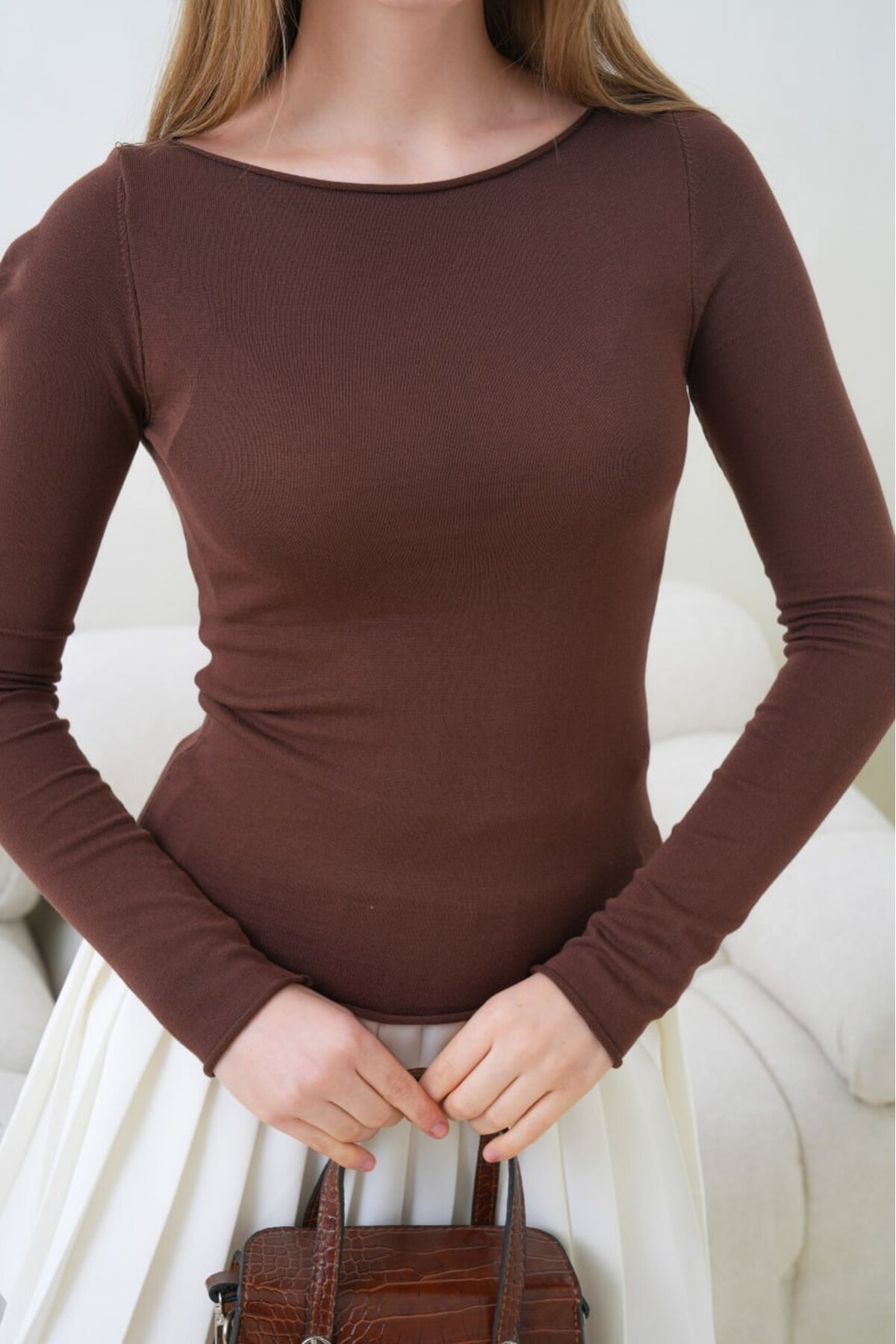 Kadın Bisiklet Yaka Uzun Kollu Basic Bluz Kahve