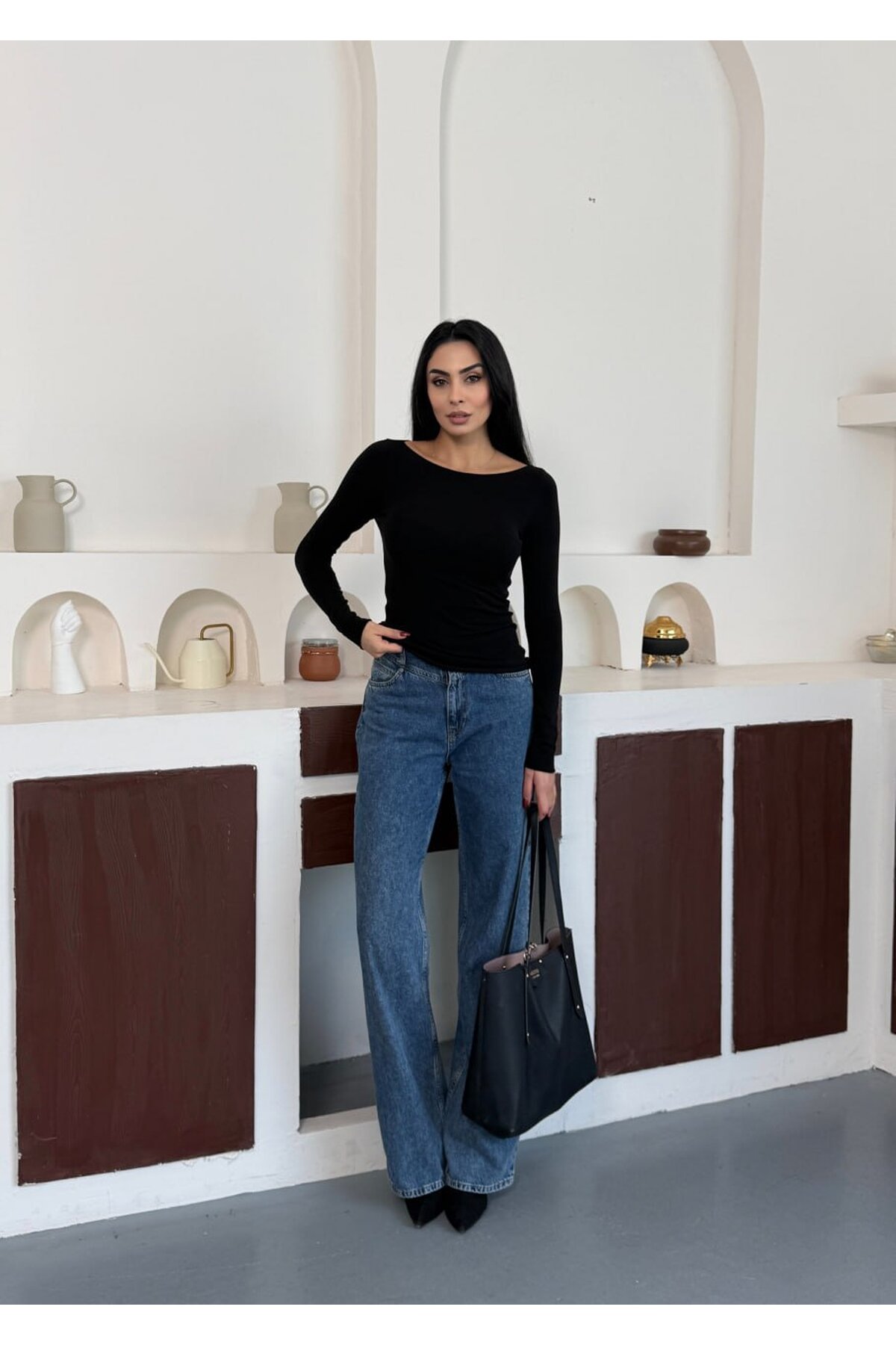 Kadın Bisiklet Yaka Uzun Kollu Basic Bluz Siyah