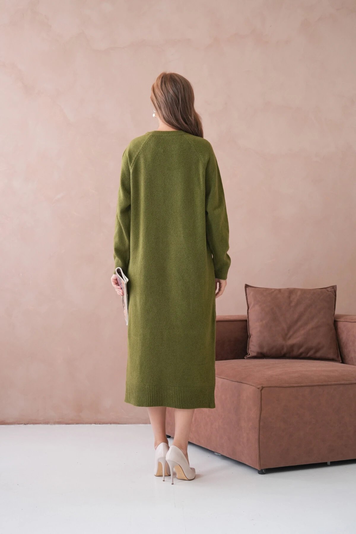 Kadın Bisiklet Yaka Yumuşak Dokulu Maksi Boy Şardonlu Oversize Triko Elbise