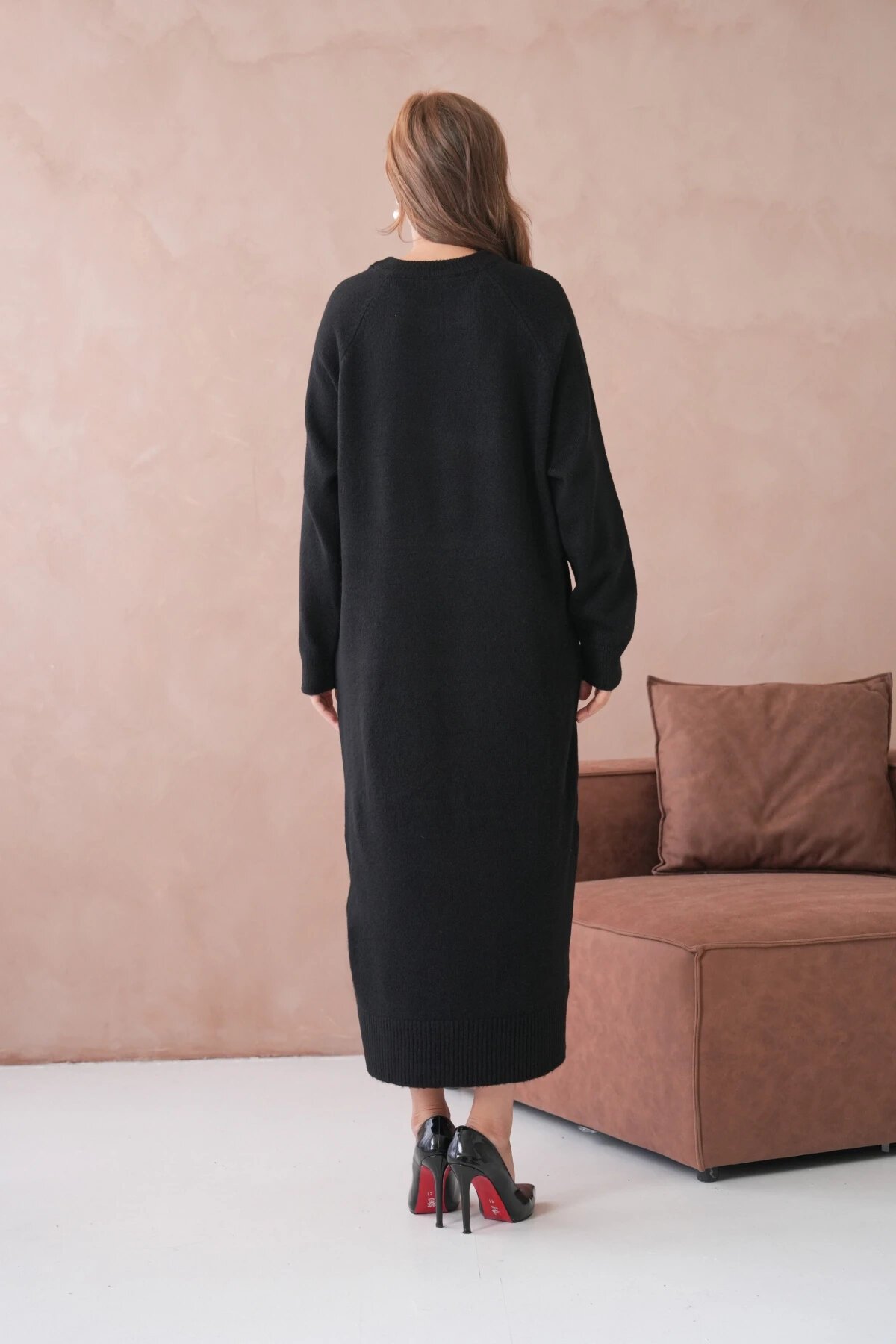 Kadın Bisiklet Yaka Yumuşak Dokulu Maksi Boy Şardonlu Oversize Triko Elbise