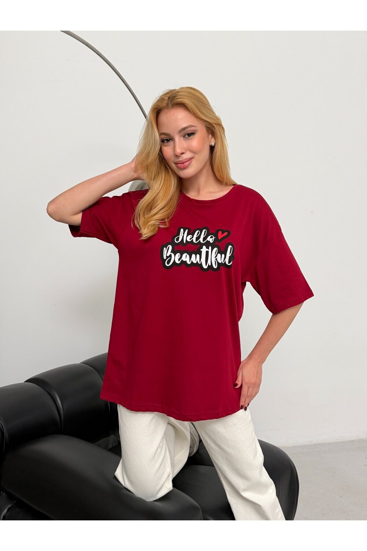 Kadın Bordo Baskılı Oversize T-Shirt