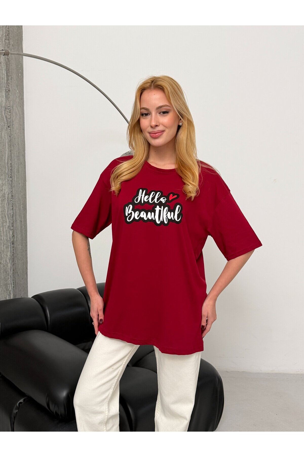 Kadın Bordo Baskılı Oversize T-Shirt