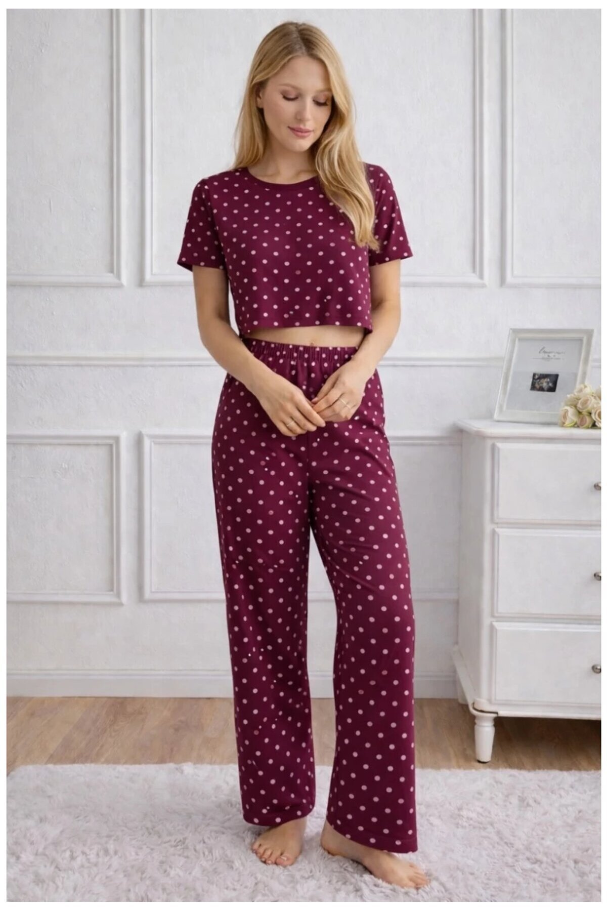 Kadın Bordo Puantiye Desenli Alt Üst Pijama Takımı - Ev Giyimi