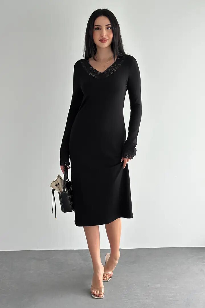 Kadın Dantel Detaylı V Yaka Elbise – Uzun Kollu Şık Günlük Elbise