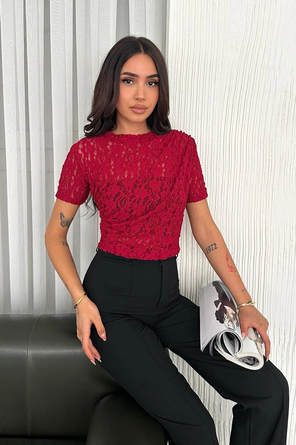 Kadın Dantel Kısa Kollu Bluz Bordo