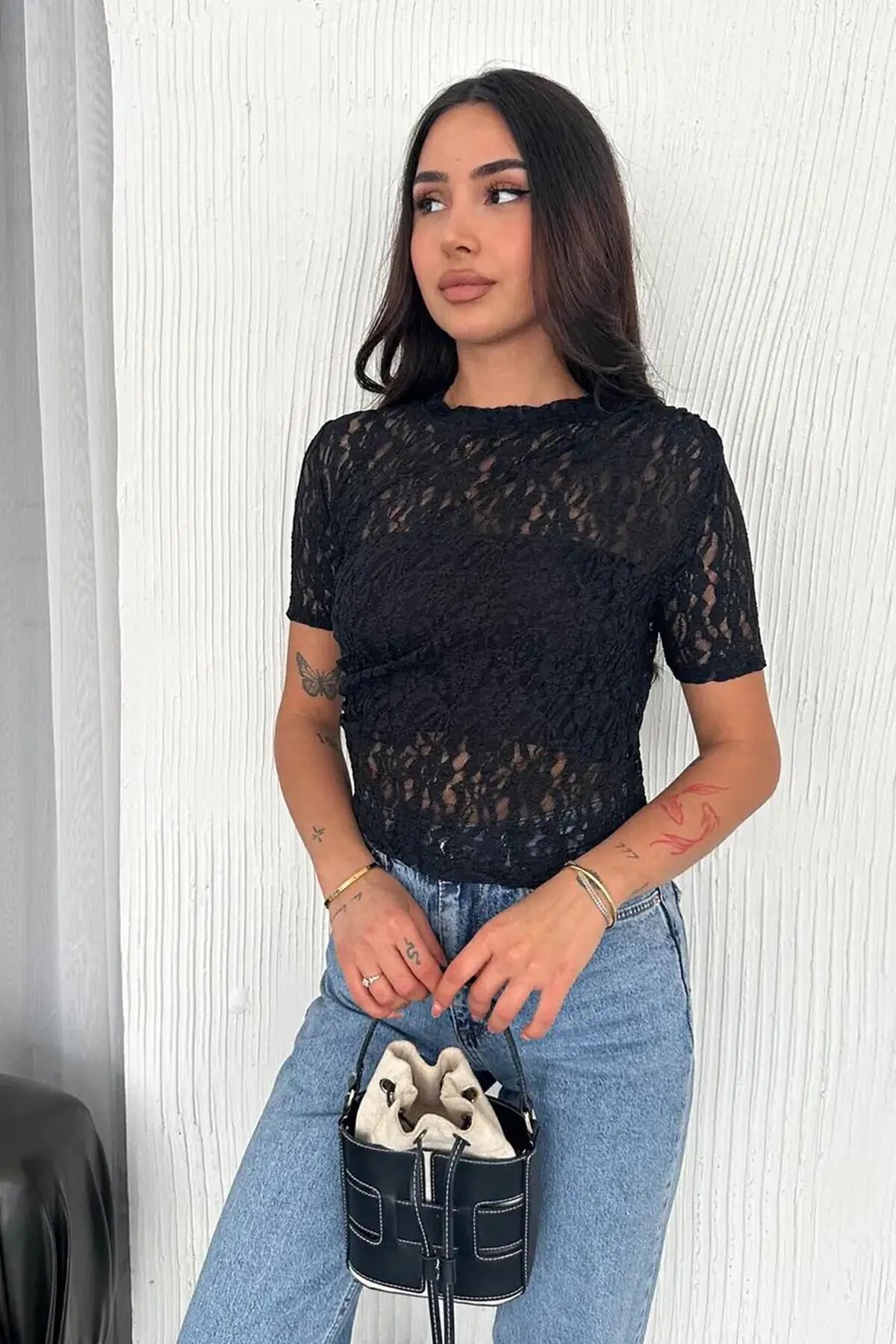Kadın Dantel Kısa Kollu Bluz Siyah