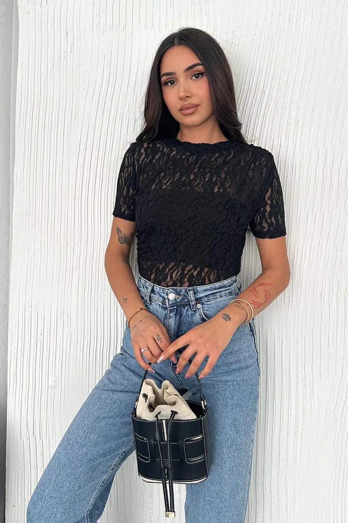 Kadın Dantel Kısa Kollu Bluz Siyah