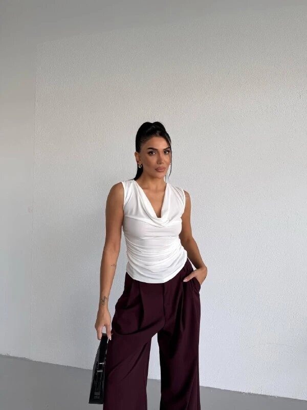 Kadın Degaje Yaka Kolsuz Bluz Beyaz