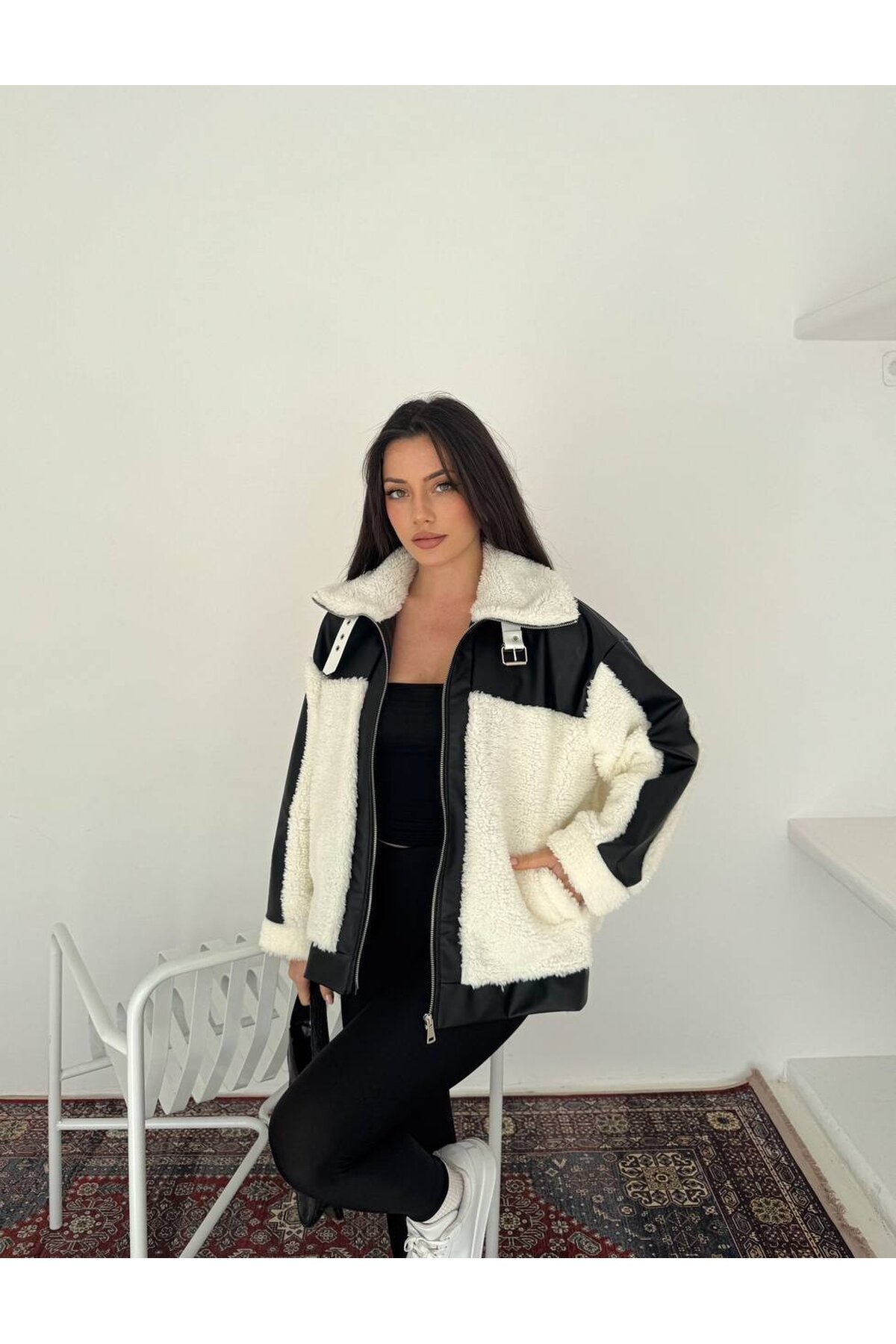 Kadın Deri Garnili Peluş Mont