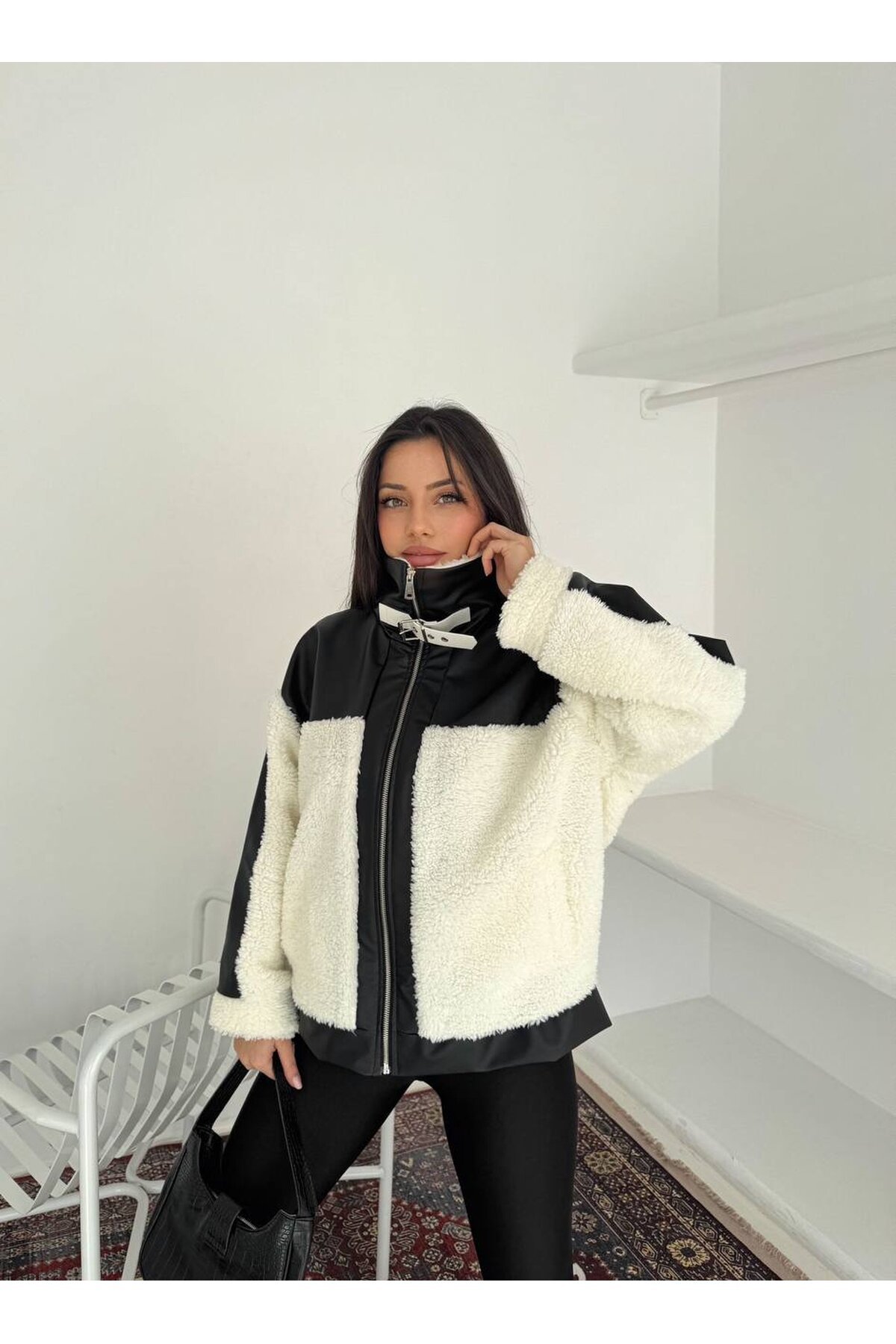 Kadın Deri Garnili Peluş Mont