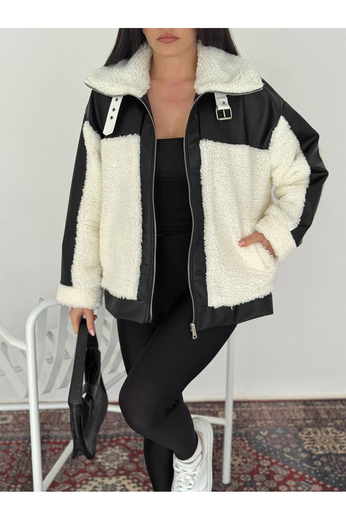 Kadın Deri Garnili Peluş Mont