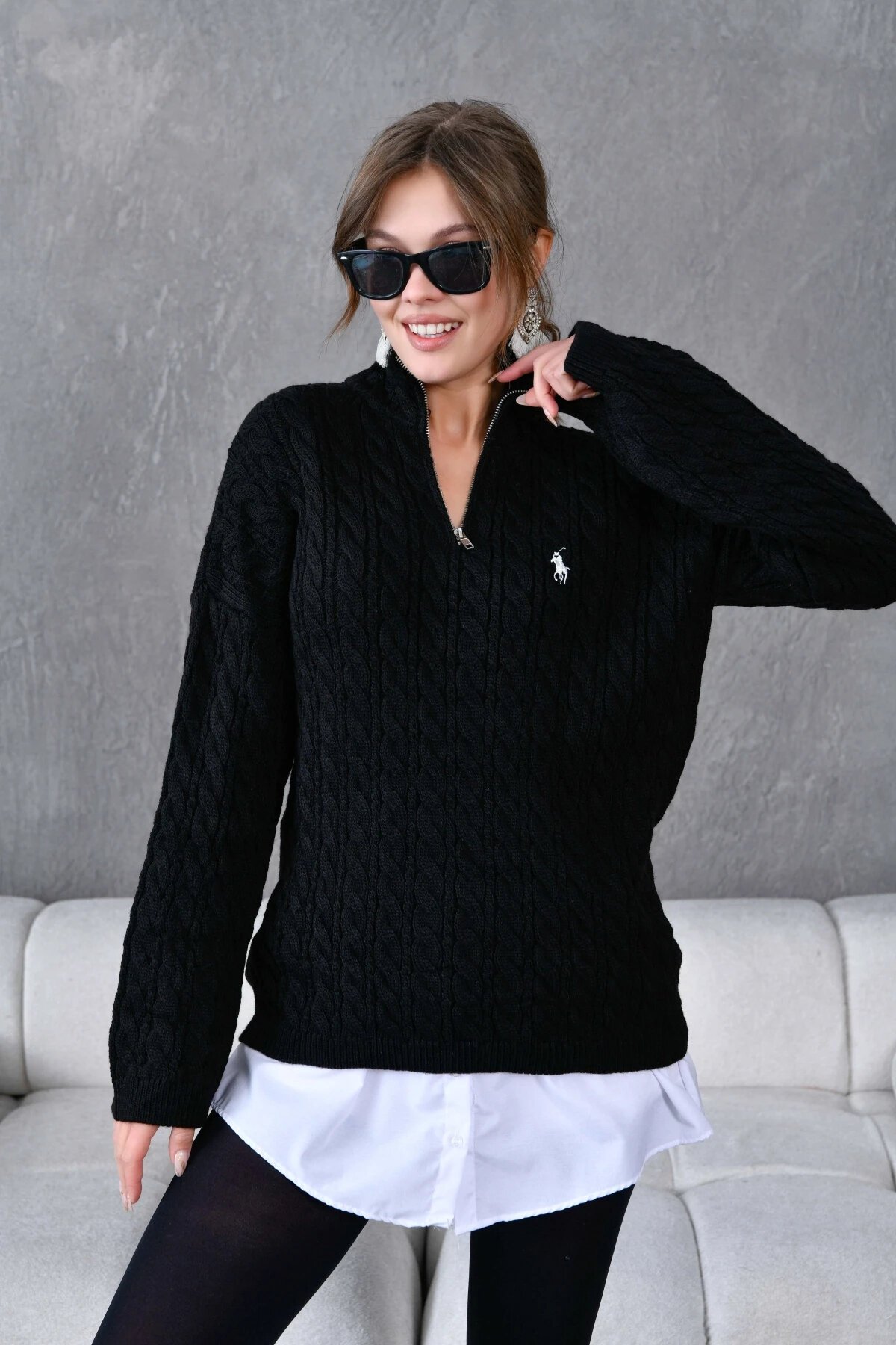 Kadın Dik Yaka Fermuar Detay Saç Örgü Triko Kazak