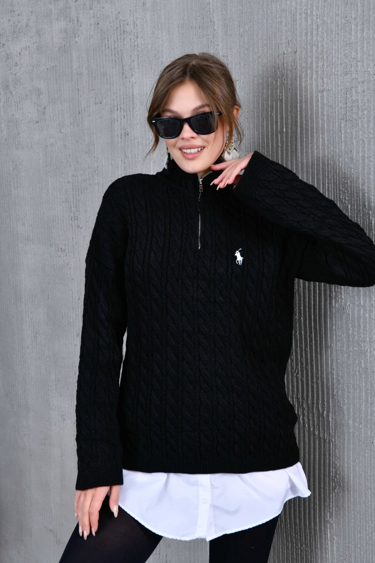 Kadın Dik Yaka Fermuar Detay Saç Örgü Triko Kazak