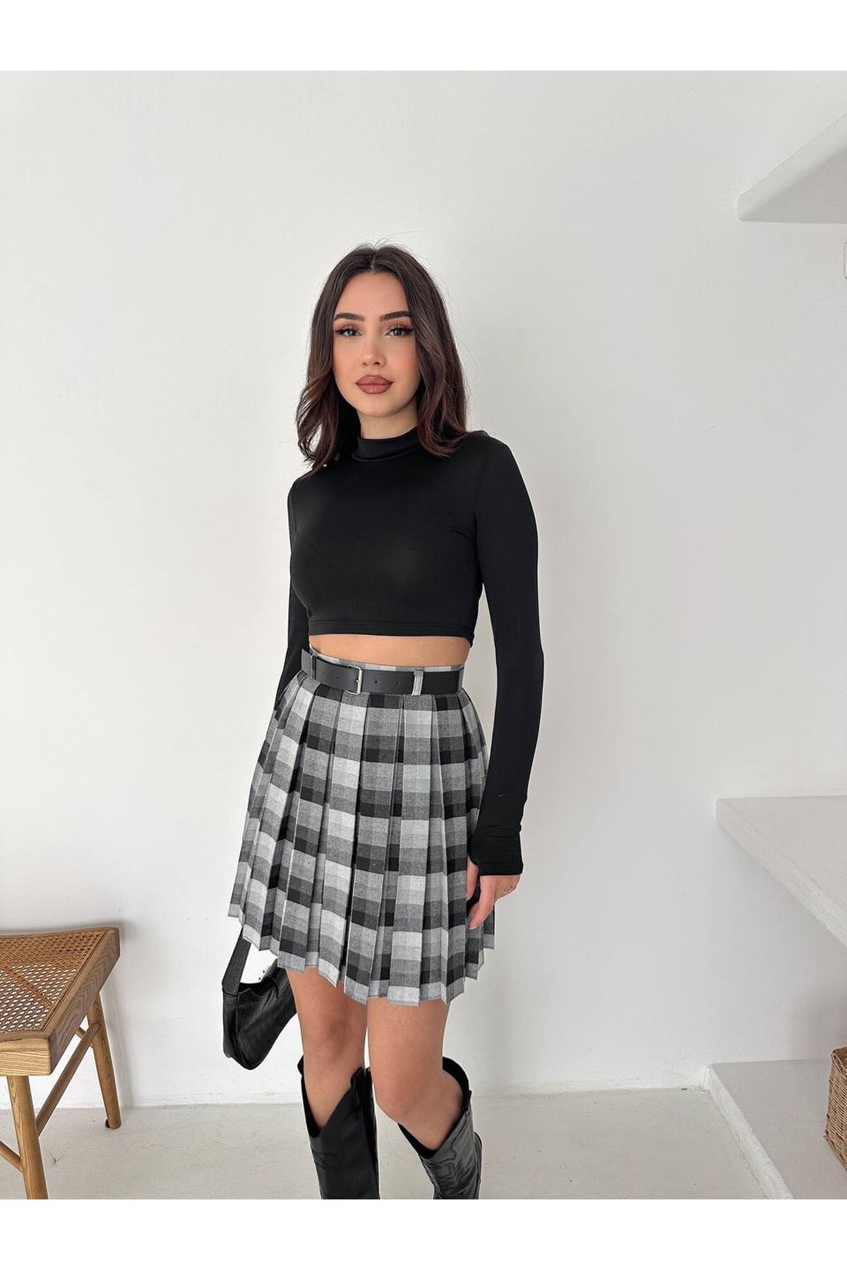 Kadın Ekose Desen Kemerli Yüksel Bel Şort Astarlı Mini Etek