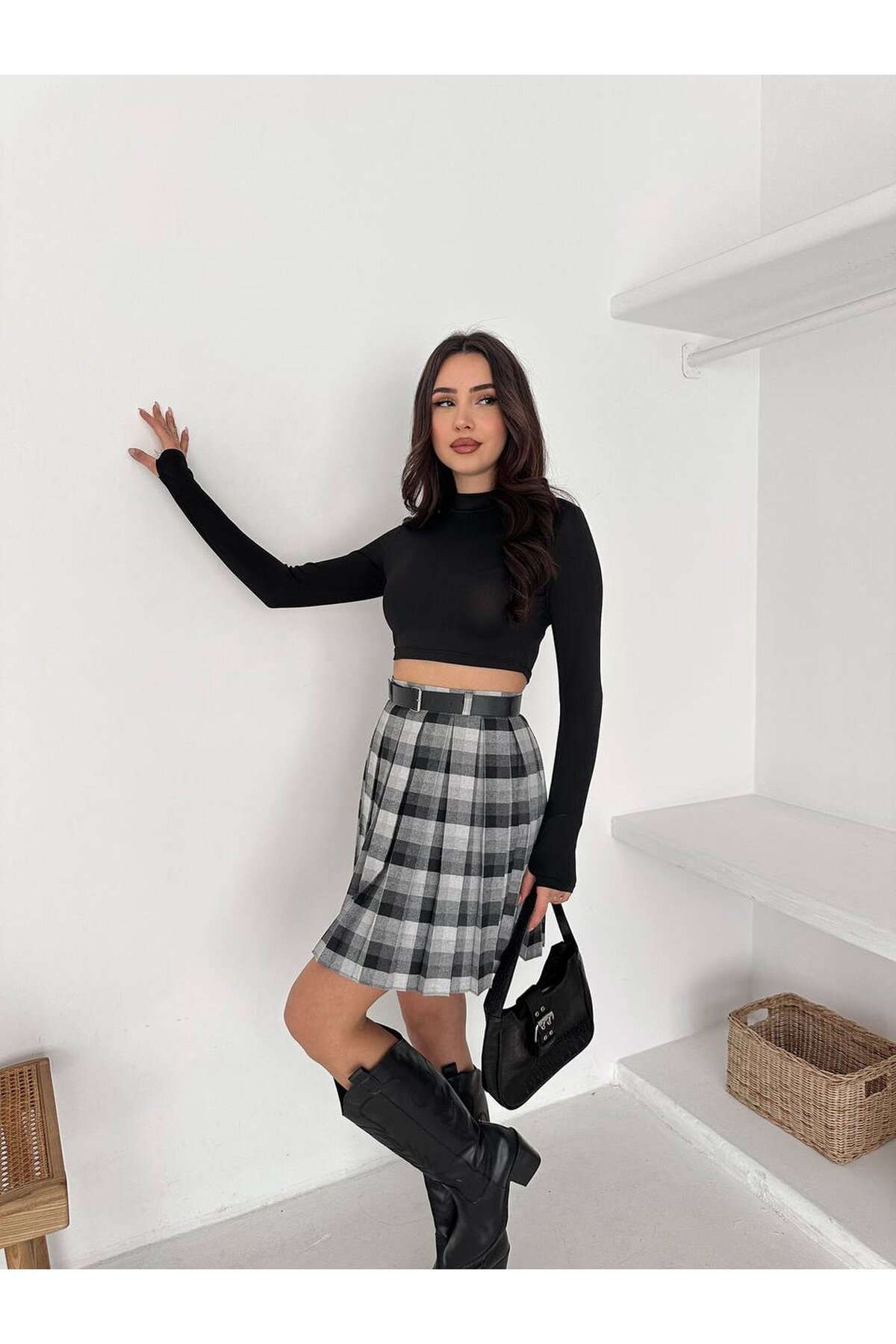 Kadın Ekose Desen Kemerli Yüksel Bel Şort Astarlı Mini Etek