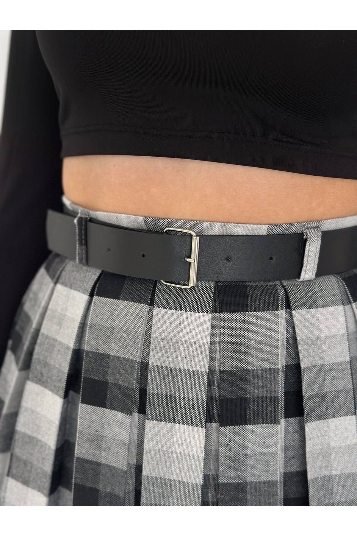 Kadın Ekose Desen Kemerli Yüksel Bel Şort Astarlı Mini Etek