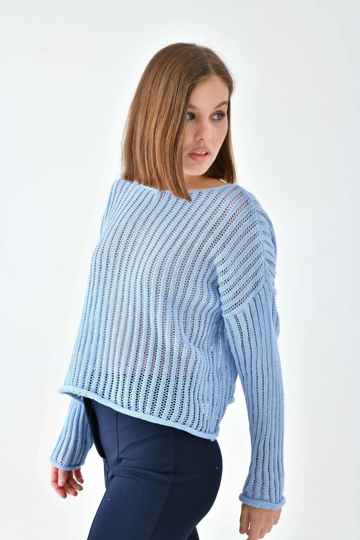 Kadın Geniş Yaka Örgü Detay Oversize Triko Kazak