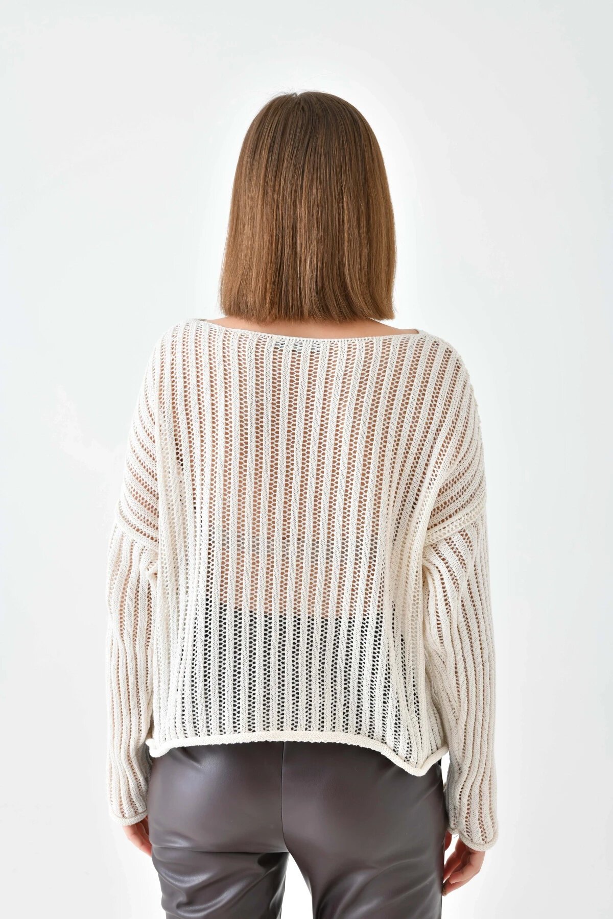 Kadın Geniş Yaka Örgü Detay Oversize Triko Kazak