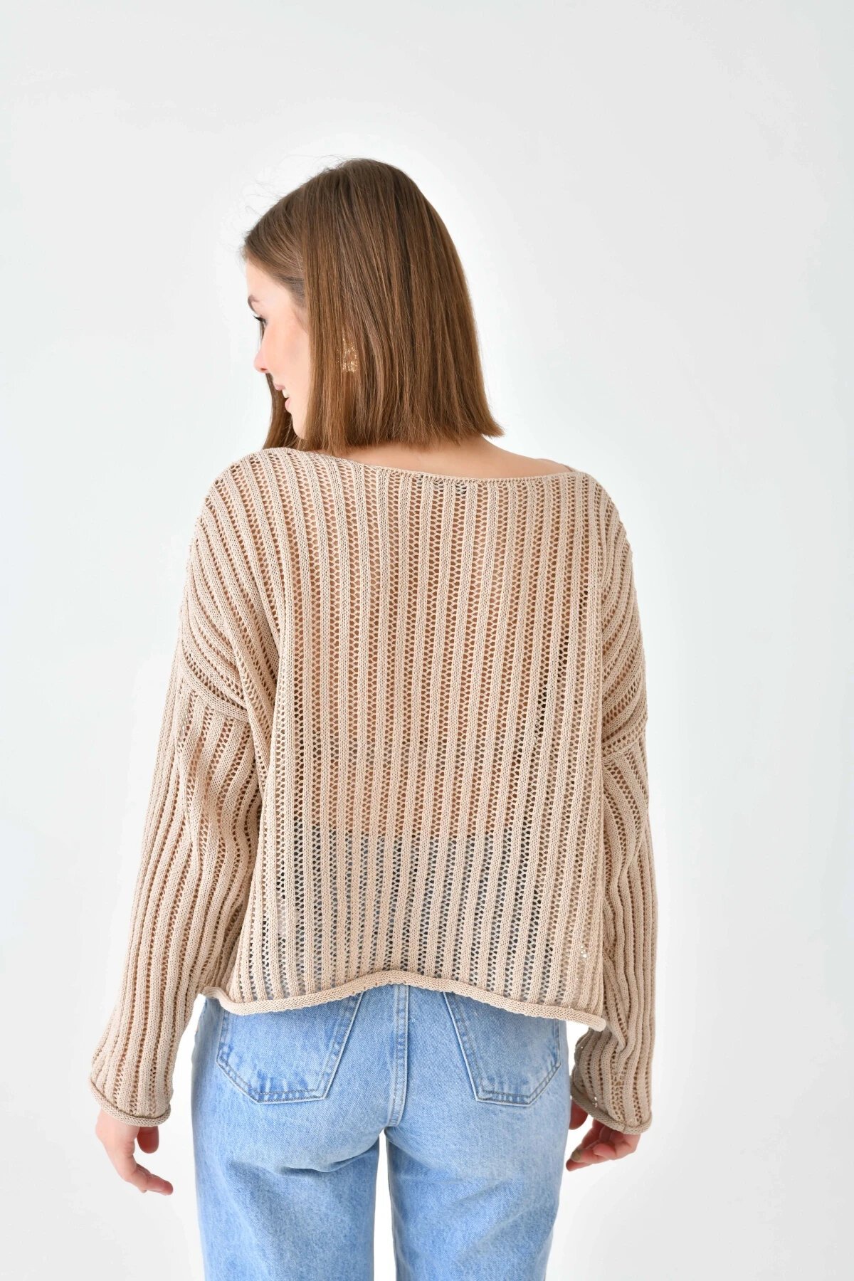 Kadın Geniş Yaka Örgü Detay Oversize Triko Kazak