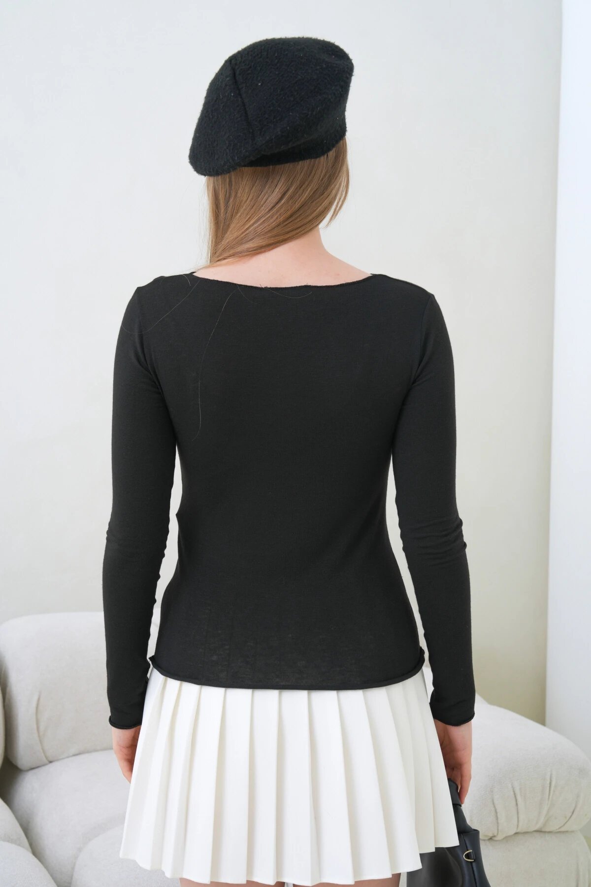 Kadın Geniş Yaka Uzun Kol Lycralı Penye Bluz