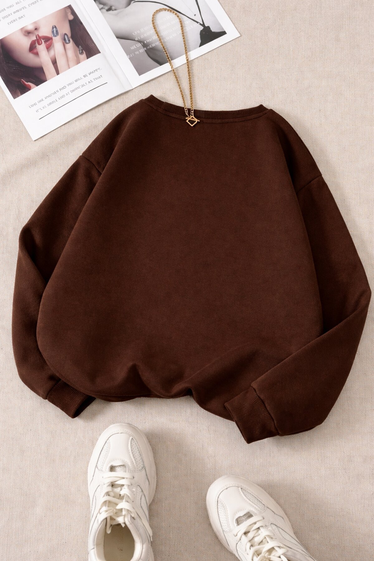 Kadın Kahverengi Ayıcık Baskılı Oversize Sweatshirt