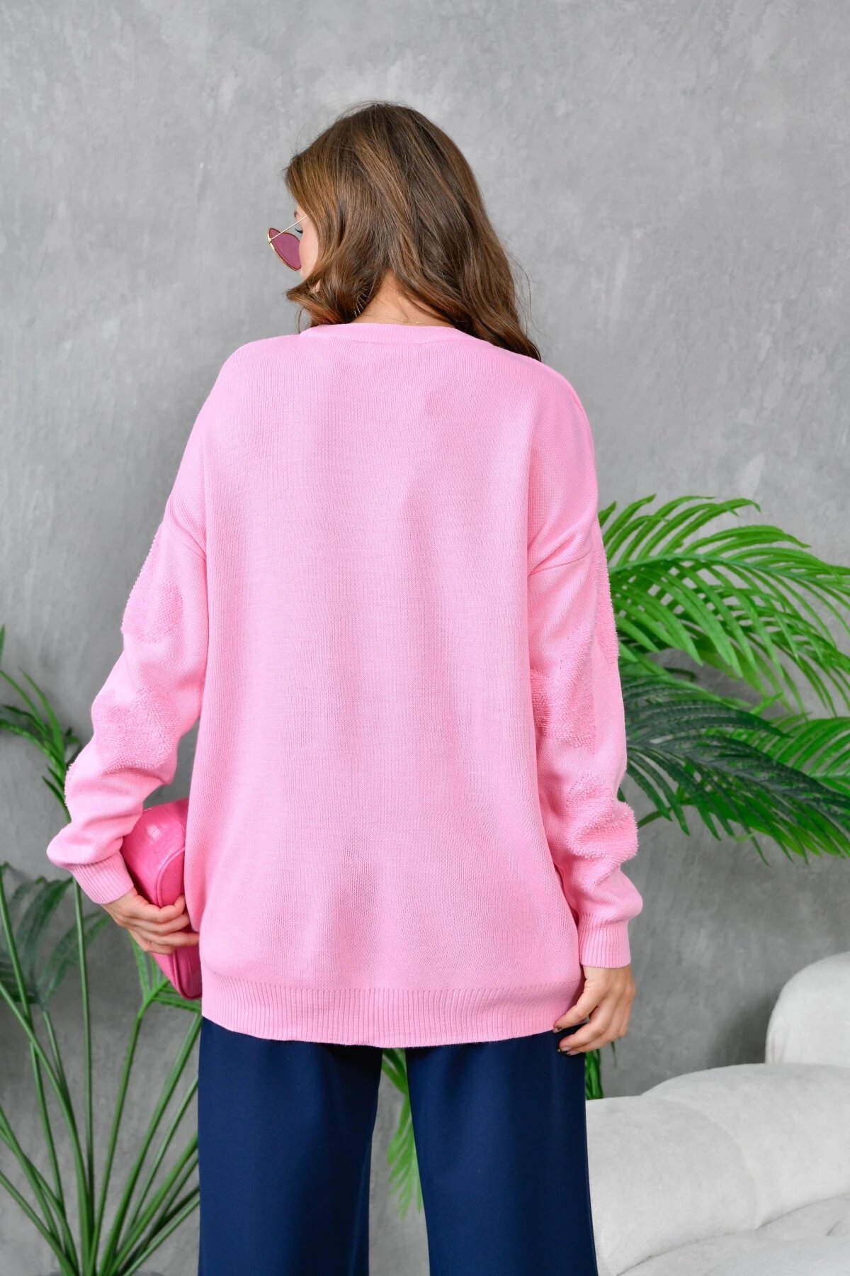 Kadın Kalp Desenli İnce Oversize Pembe Triko Kazak
